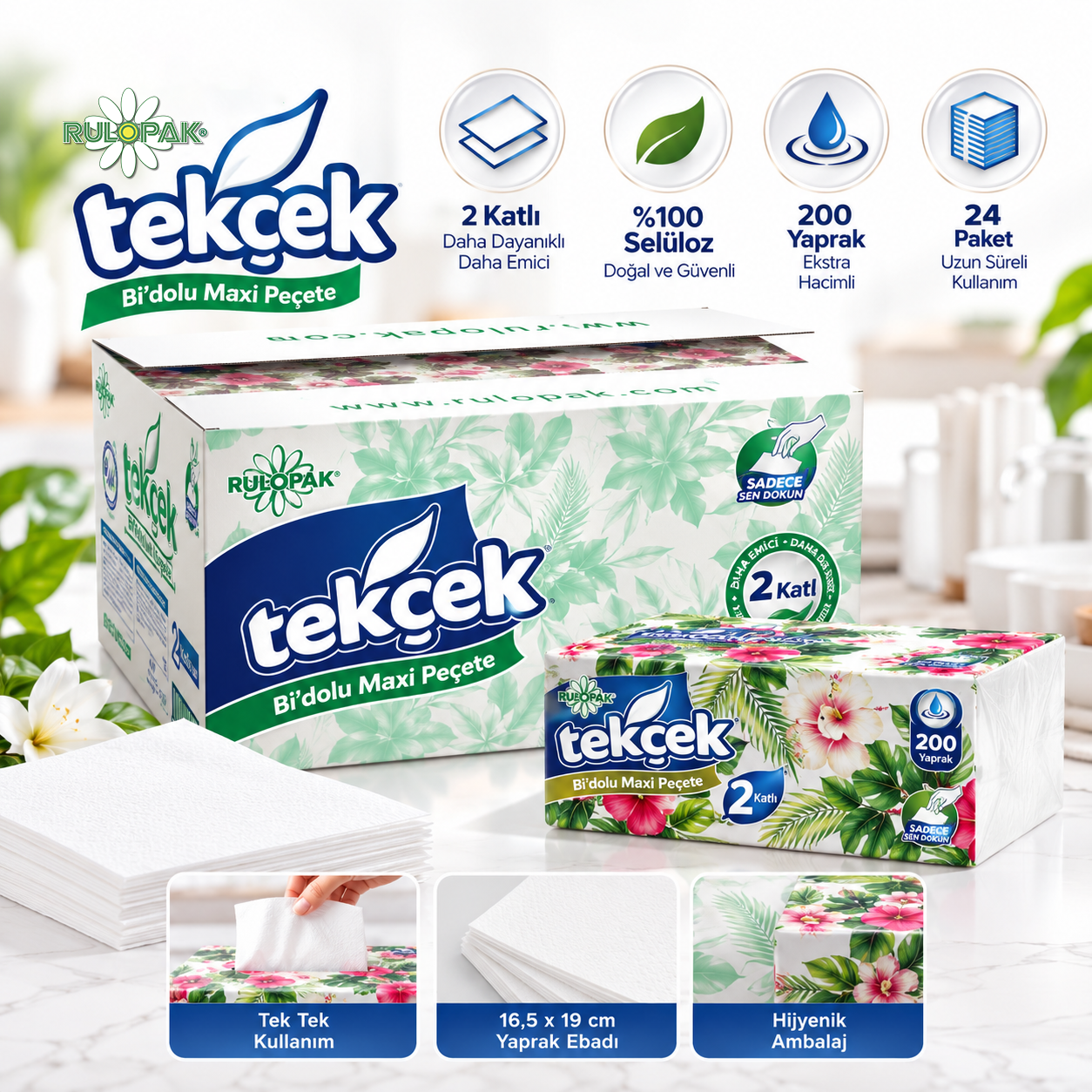 Rulopak Tekçek Bi'Dolu Maxi Peçete 2 Katlı 200 Yaprak 24'Lü Paket