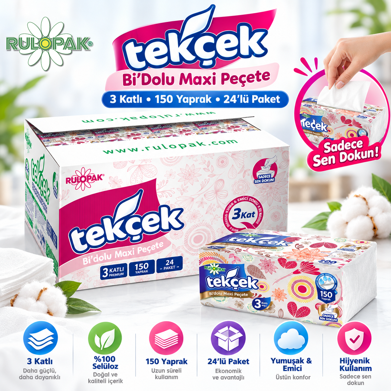 Rulopak Tekçek Bi'Dolu Maxi Peçete 3 Katlı 150 Yaprak 24'Lü Paket