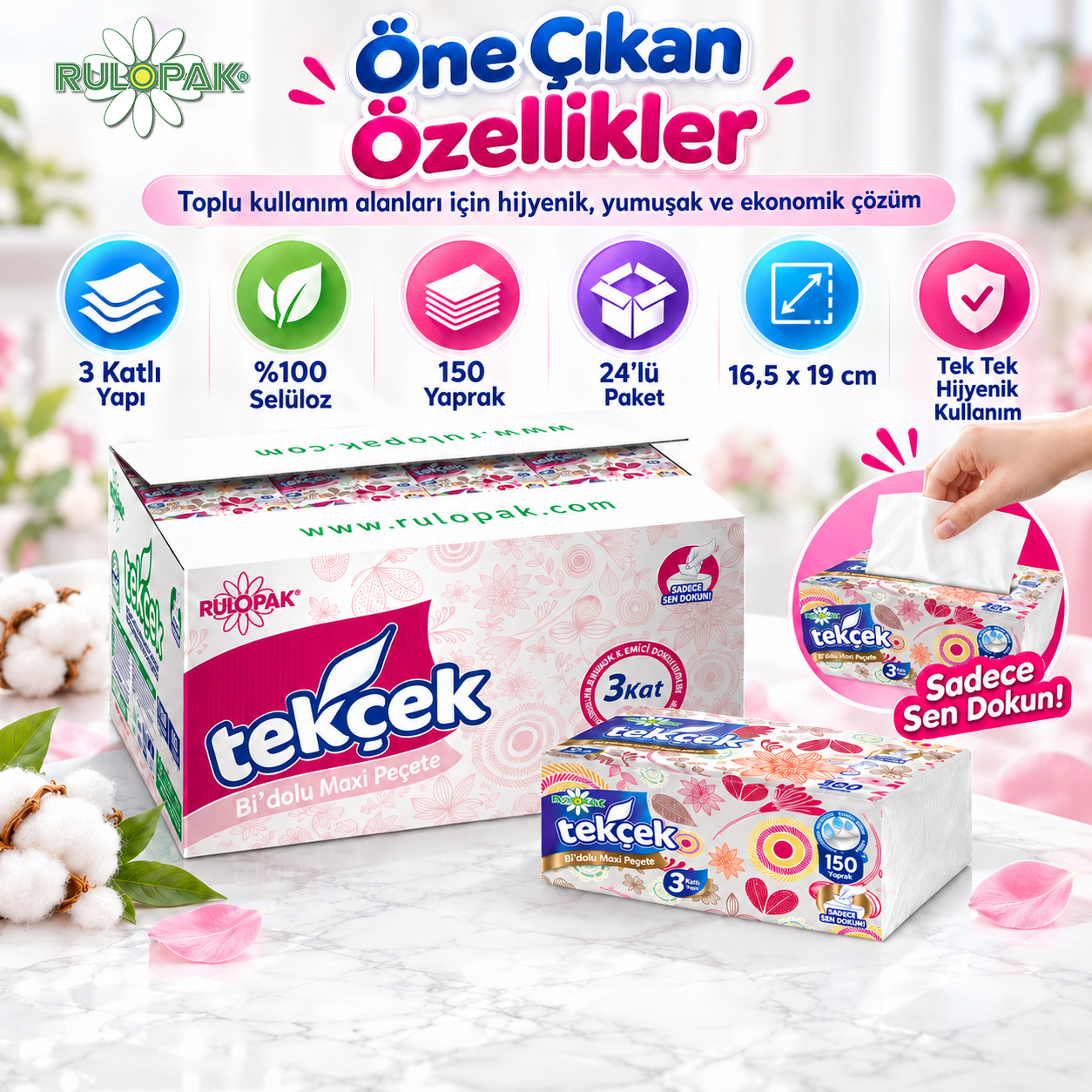 Rulopak Tekçek Bi'Dolu Maxi Peçete 3 Katlı 150 Yaprak 24'Lü Paket