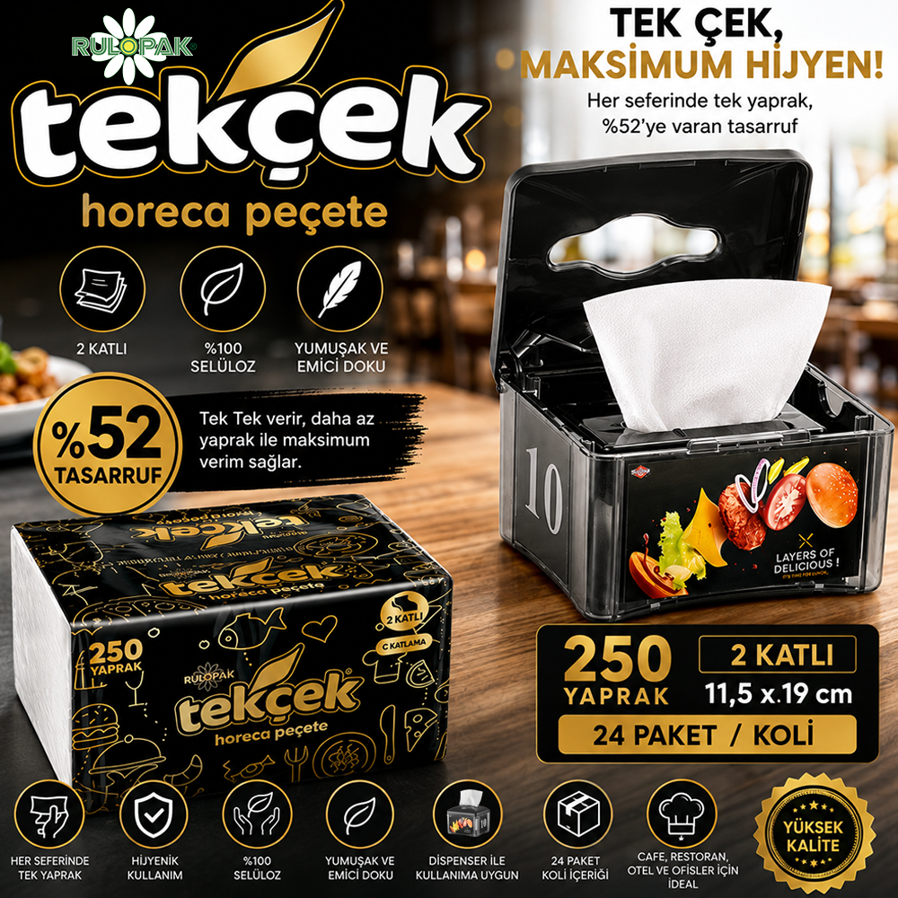 Rulopak Tekçek Horeca Dispenser Peçete 2 Katlı 250 Yaprak 24'Lü Paket