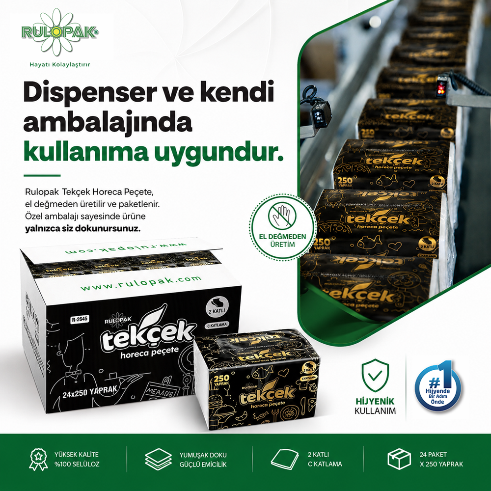Rulopak Tekçek Horeca Dispenser Peçete 2 Katlı 250 Yaprak 24'Lü Paket