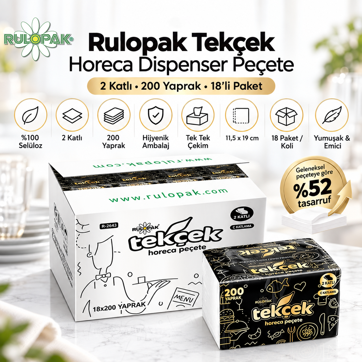 Rulopak Tekçek Horeca Dispenser Peçete 2 Katlı 200 Yaprak 18'Li Paket