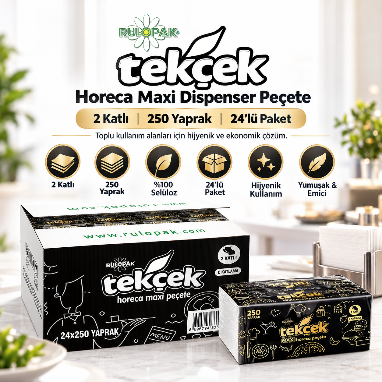 Rulopak Tekçek Horeca Maxi Dispenser Peçete 2 Katlı 250 Yaprak 24'Lü Paket