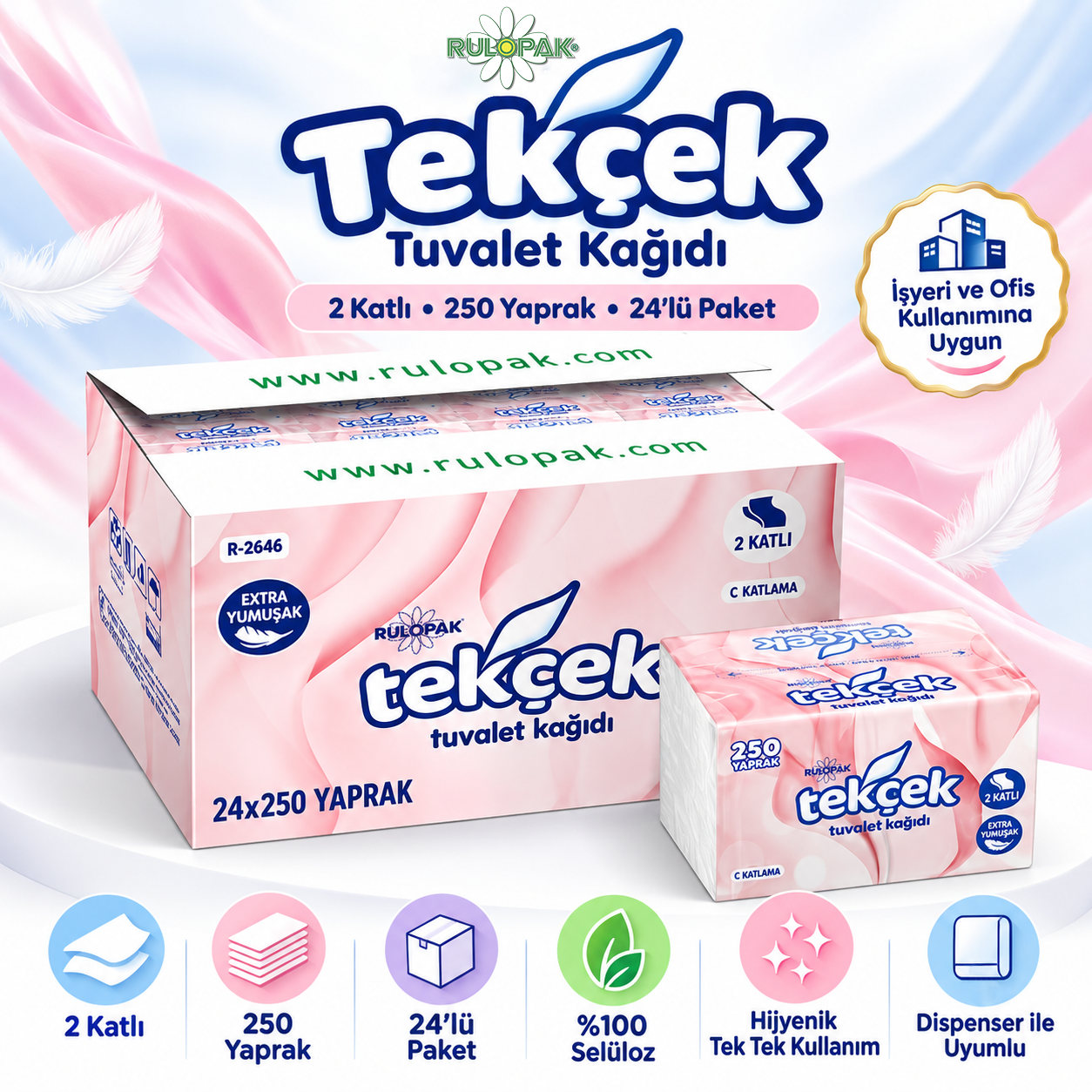 Rulopak Tekçek Tuvalet Kağıdı 2 Katlı 250 Yaprak 24'Lü Paket