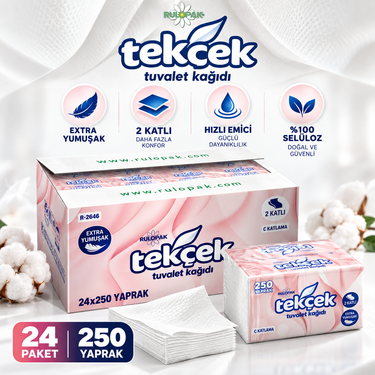 Rulopak Tekçek Tuvalet Kağıdı 2 Katlı 250 Yaprak 24'Lü Paket