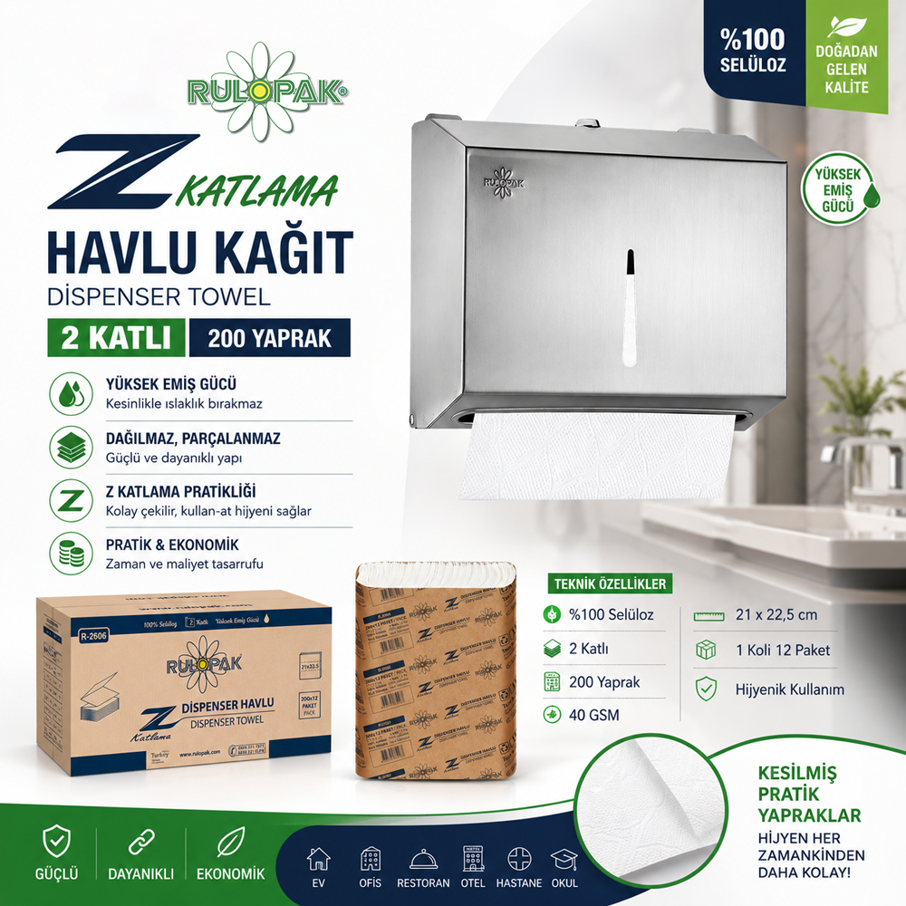 Rulopak Z Katlama Havlu Kağıt 2 Katlı 200 Yaprak 12'Li Paket