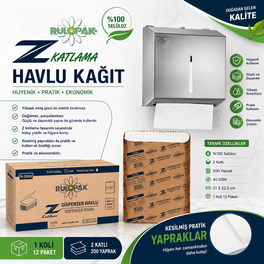 Rulopak Z Katlama Havlu Kağıt 2 Katlı 200 Yaprak 12'Li Paket