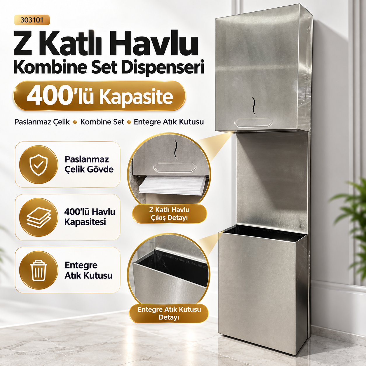 Rulopak Z Katlama Kağıt Havlu Dispenseri 400'Lü + Paslanmaz Çöp Kovası 9 L Kombi Set