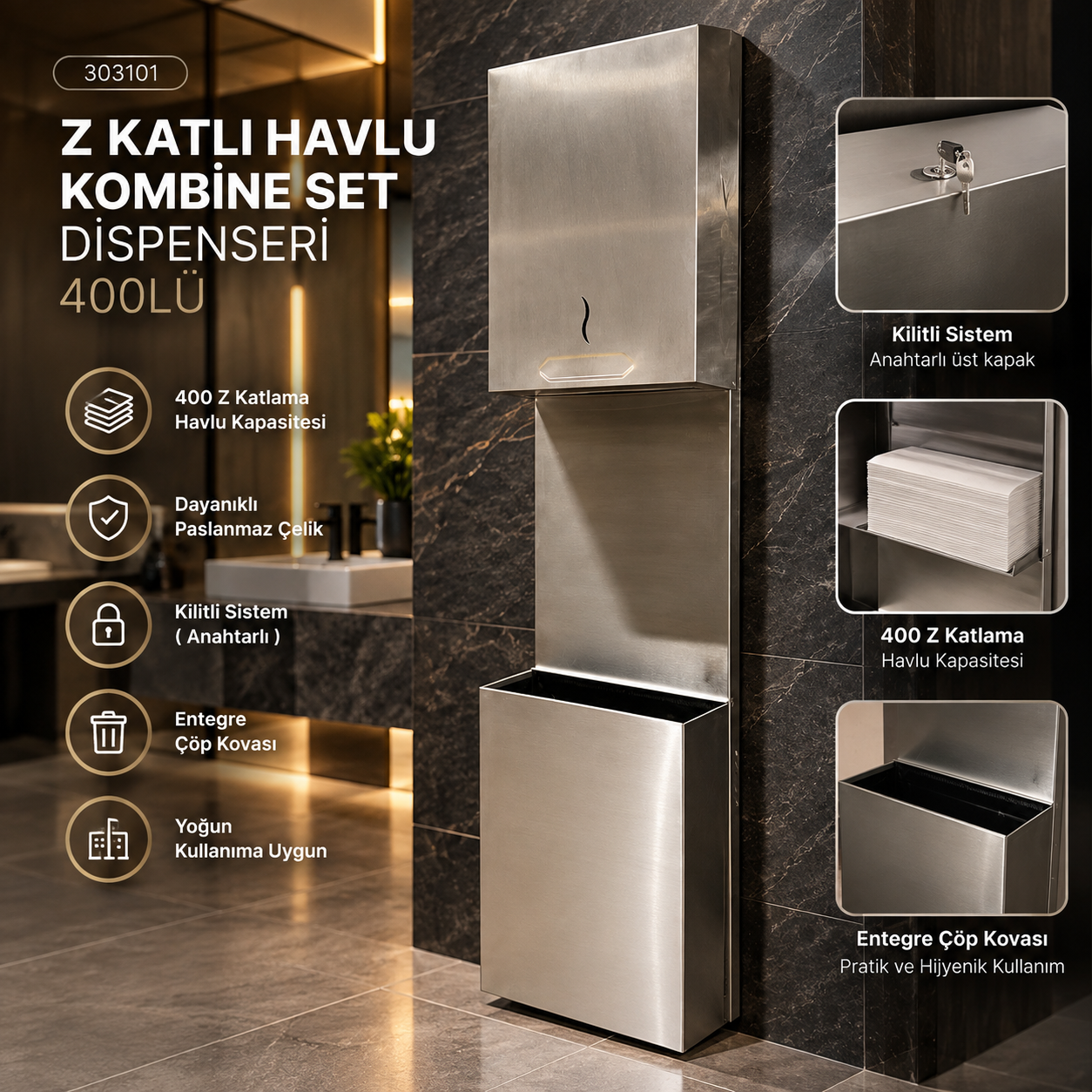 Rulopak Z Katlama Kağıt Havlu Dispenseri 400'Lü + Paslanmaz Çöp Kovası 9 L Kombi Set