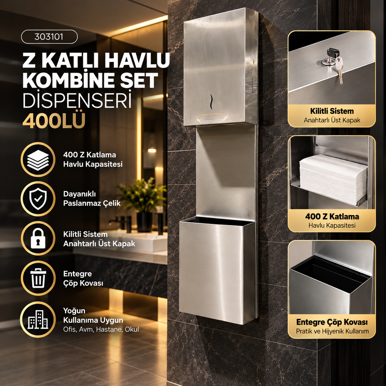 Rulopak Z Katlama Kağıt Havlu Dispenseri 400'Lü + Paslanmaz Çöp Kovası 9 L Kombi Set