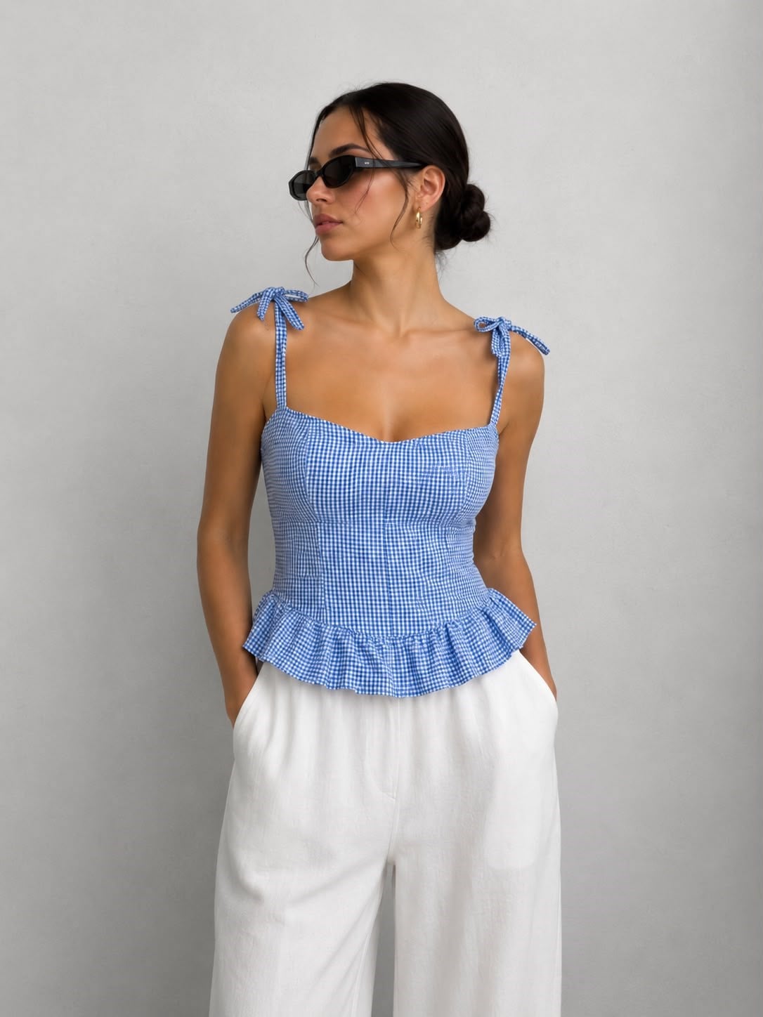Bağcıklı Crop Bluz - Mavi