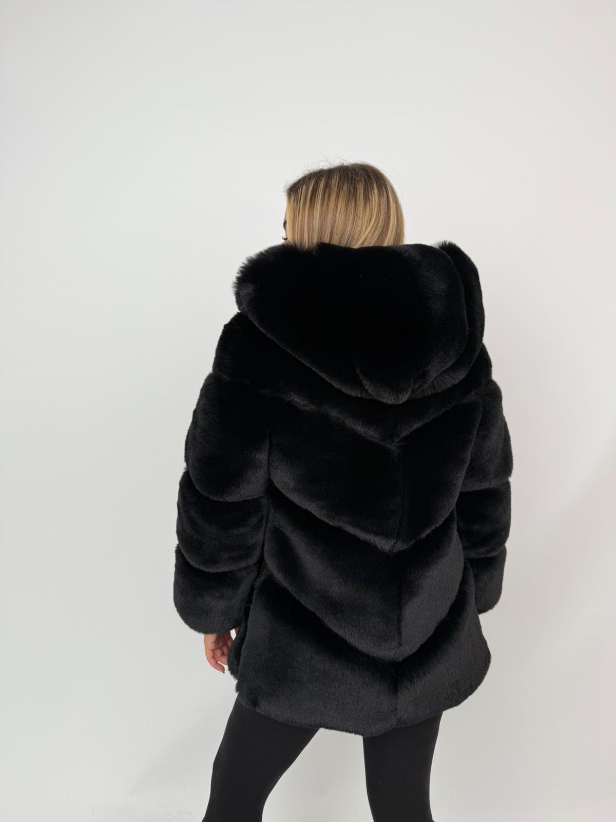 BOSSY Kapüşonlu Suni Kürk Ceket - Siyah