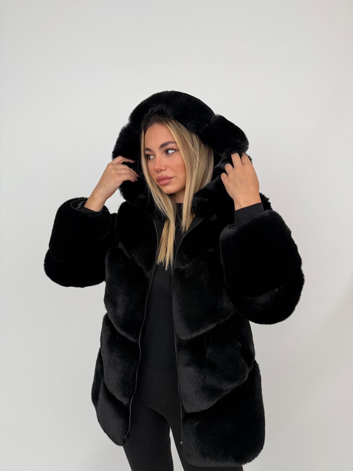 BOSSY Kapüşonlu Suni Kürk Ceket - Siyah