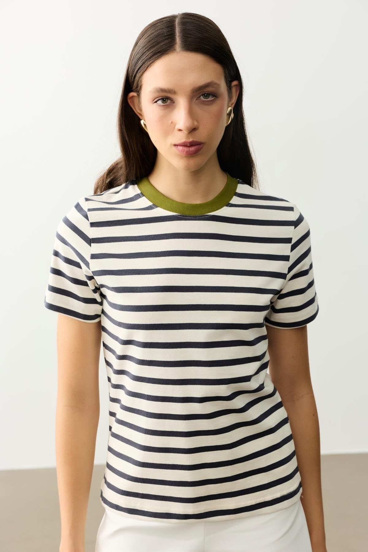 Çizgili Basic Tişört - Yeşil