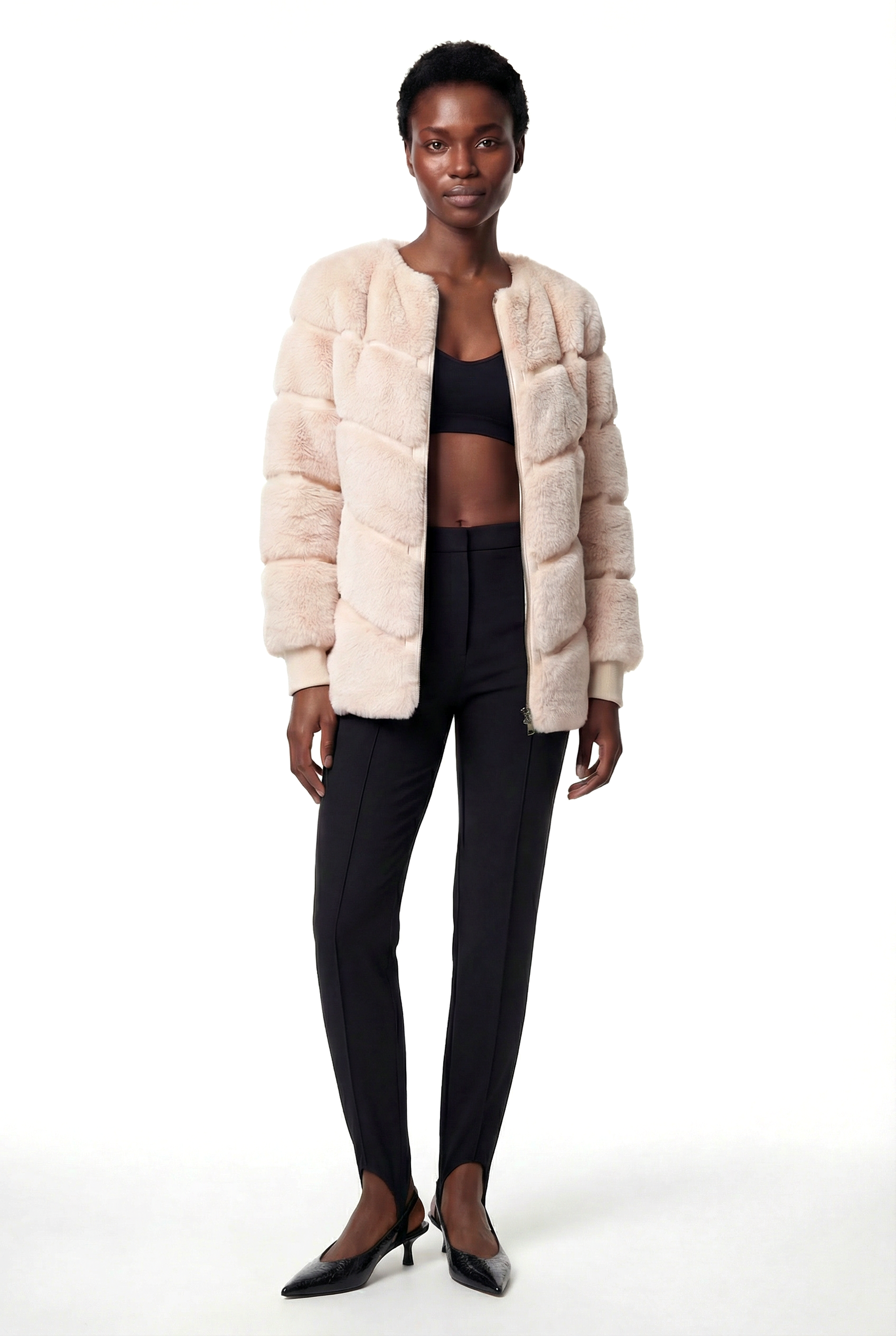 CLASSIC EDITION Yuvarlak Yaka Dilimli Suni Kürk Ceket - Bej