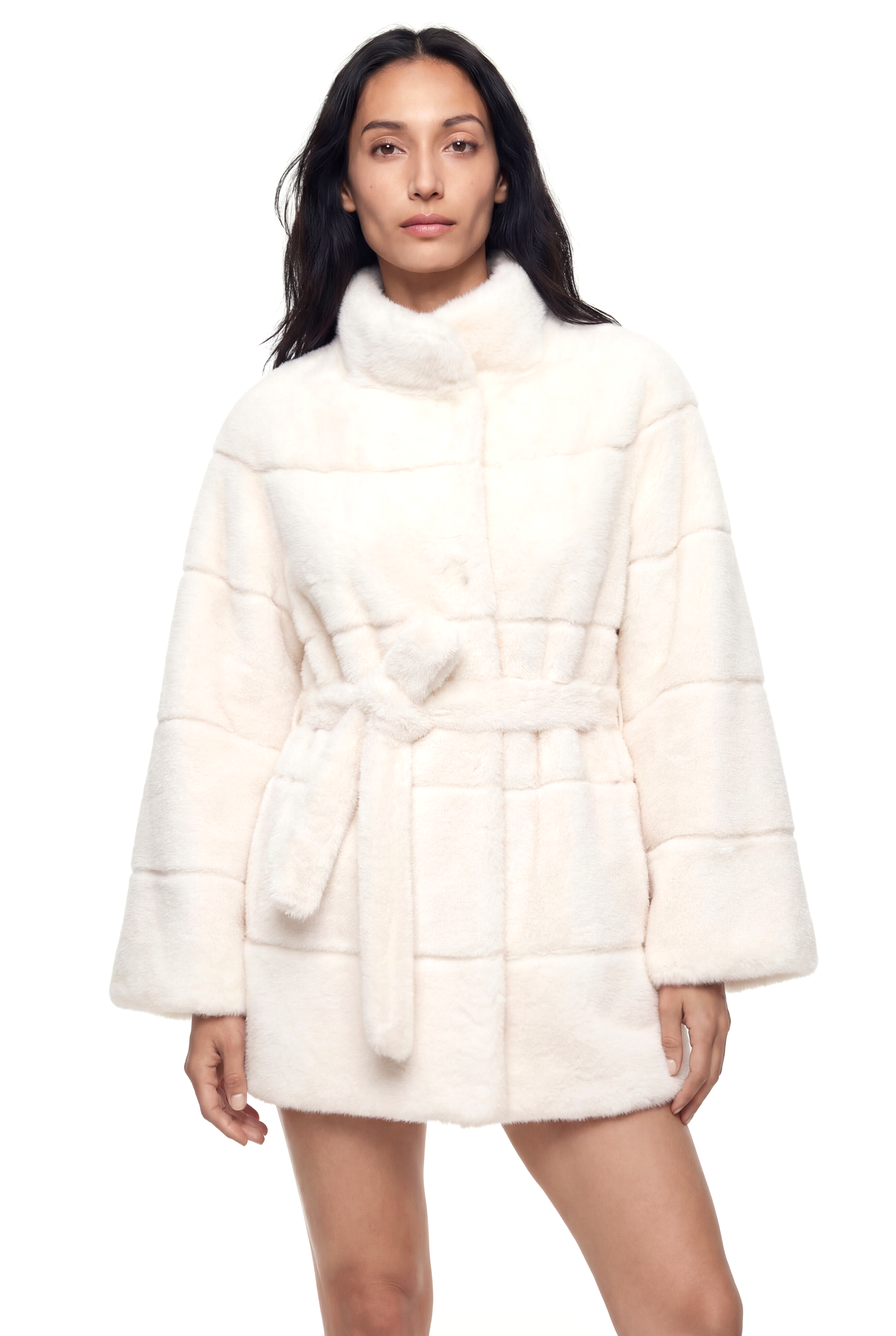 ELORA Ekru Kuşaklı Yatay Dilimli Suni Kürk Ceket