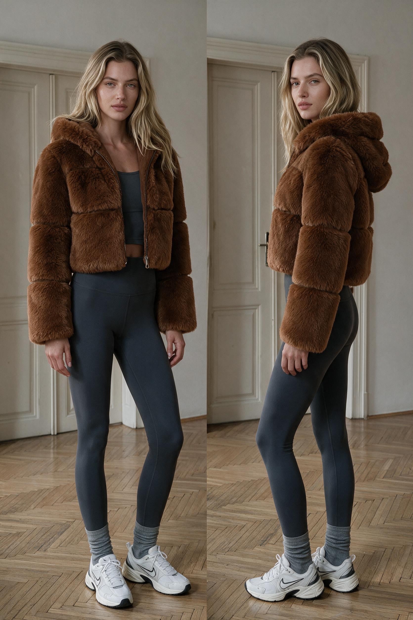 FOXY Kapüşonlu Kısa Suni Kürk Ceket - Kahverengi