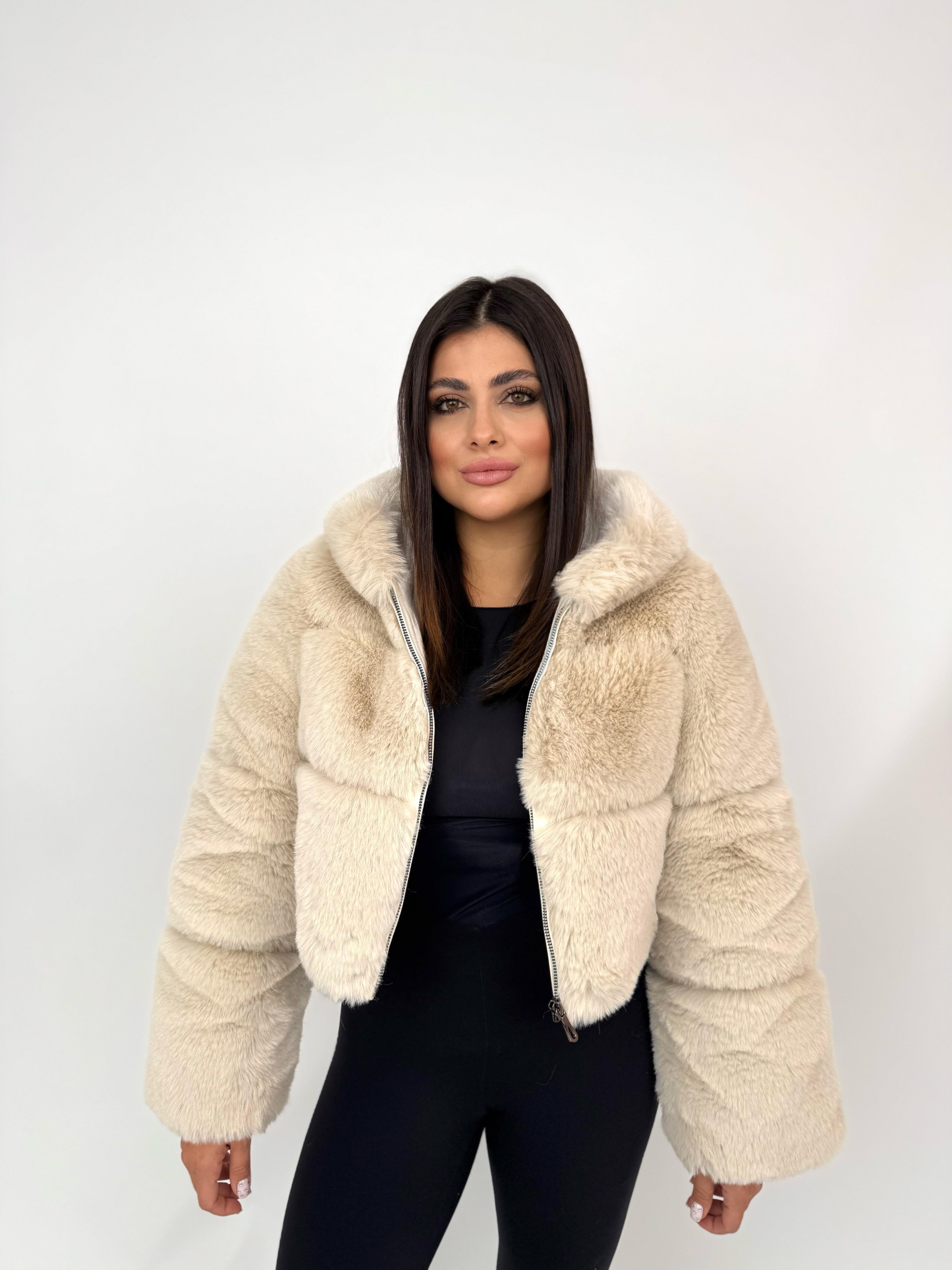 FOXY Kapüşonlu Suni Kürk Ceket - Bej