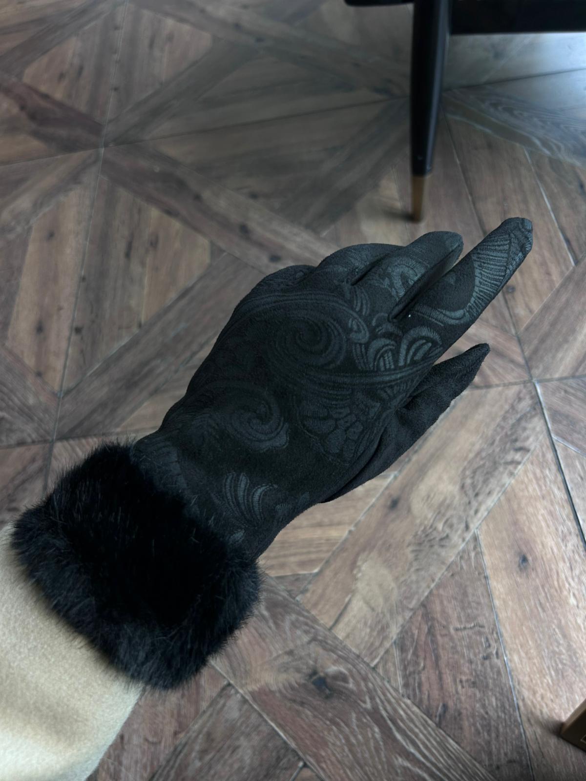 JF Bileği Kürklü Desenli Süet Eldiven - Siyah