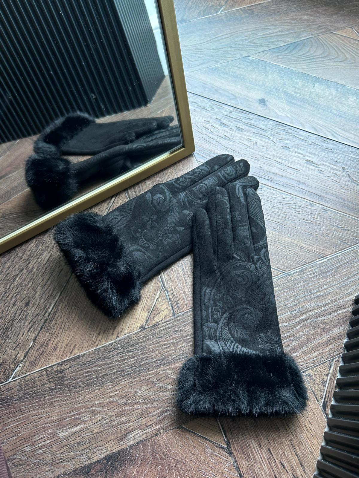 JF Bileği Kürklü Desenli Süet Eldiven - Siyah