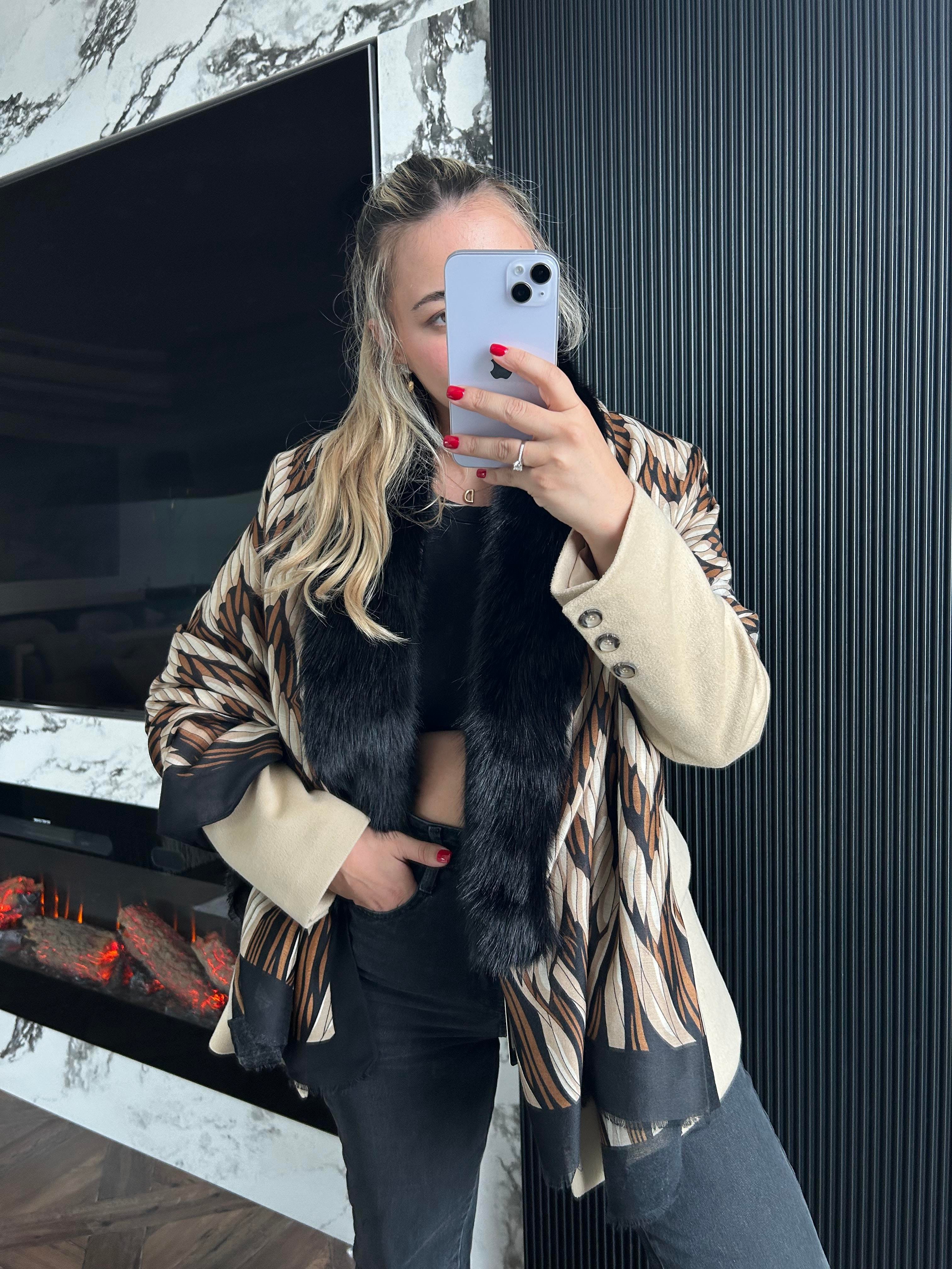 JF Desenli Kürklü Şal - Kahverengi