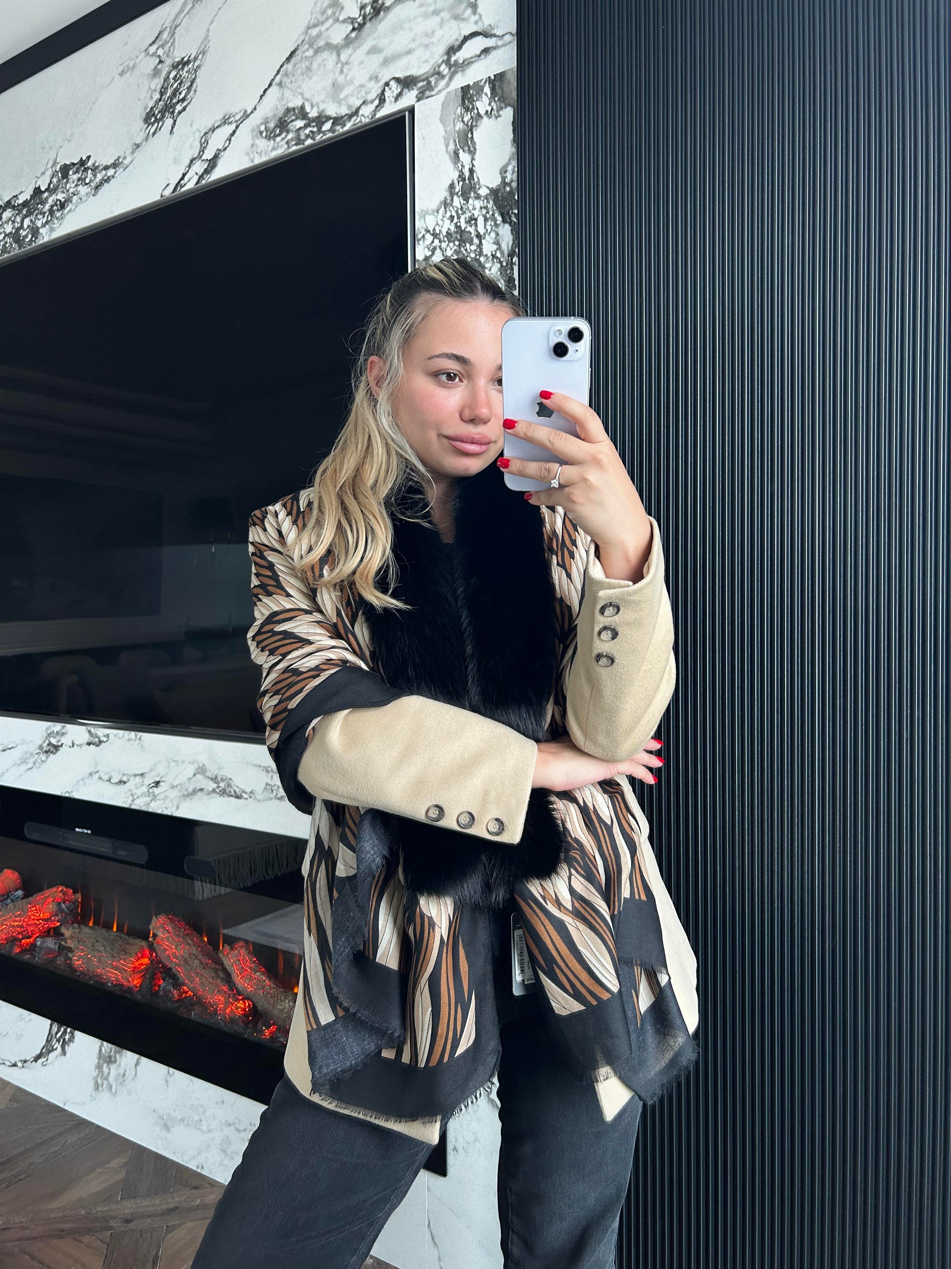 JF Desenli Kürklü Şal - Kahverengi