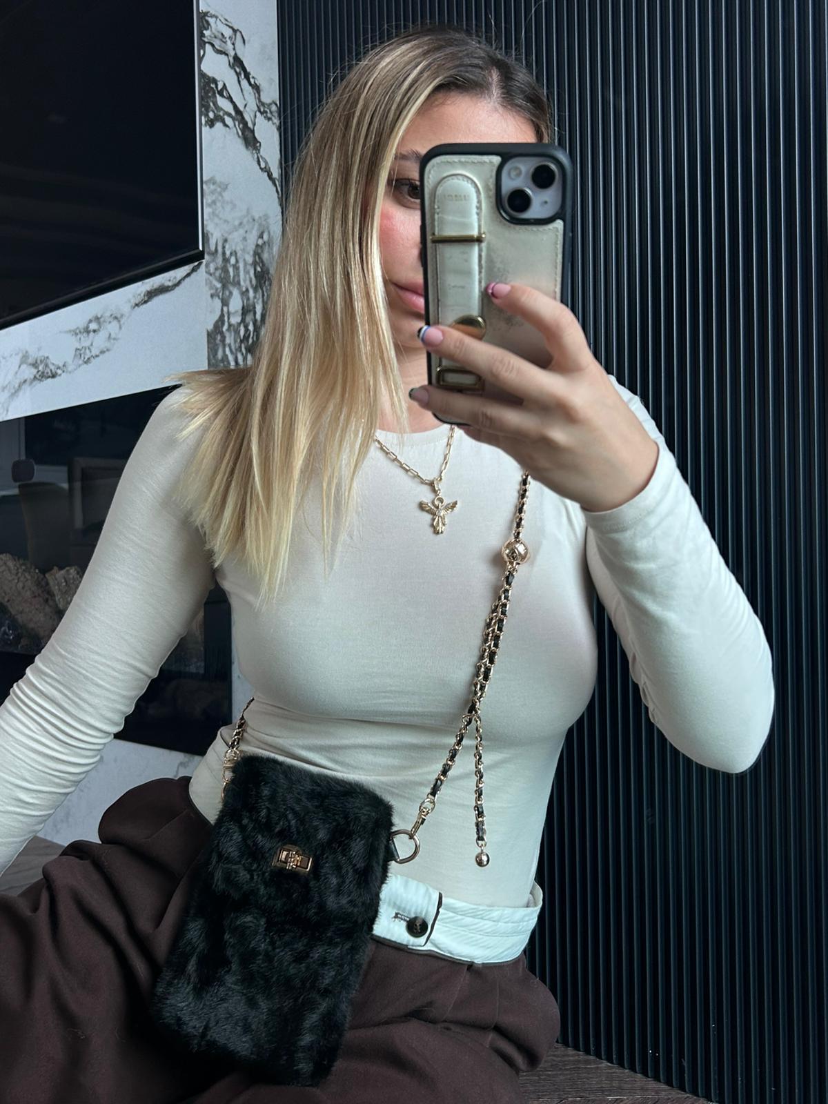 JF Gold Zincir Detaylı Askı Peluş Çanta - Siyah