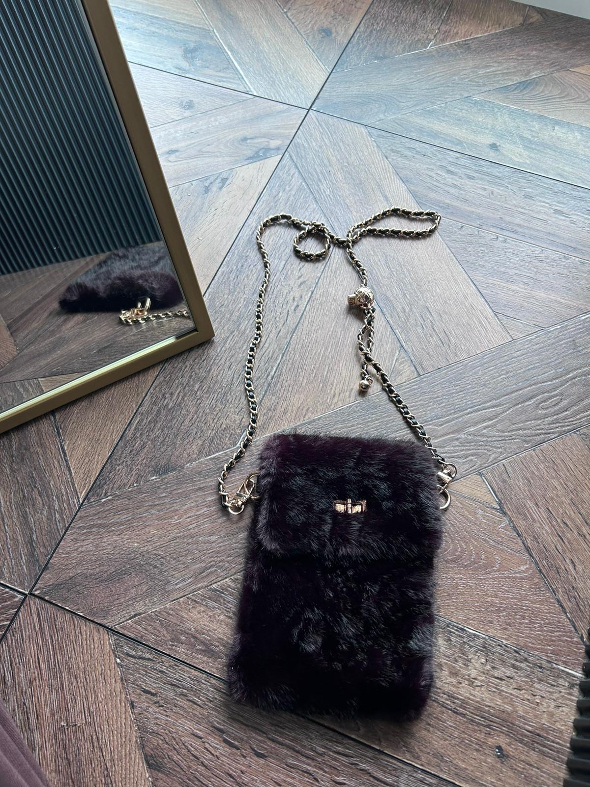 JF Gold Zincir Detaylı Askı Peluş Çanta - Mürdüm