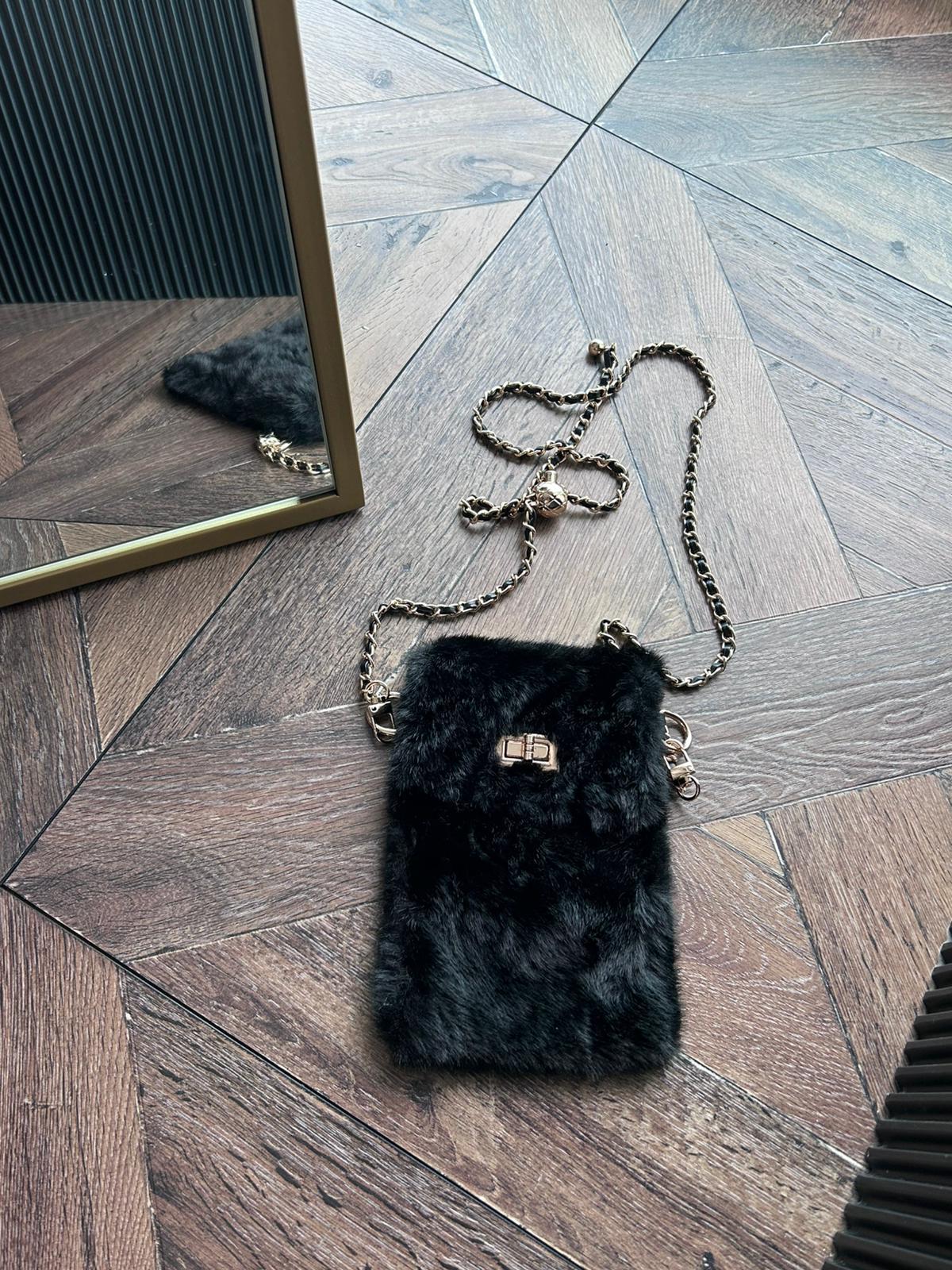 JF Gold Zincir Detaylı Askı Peluş Çanta - Siyah
