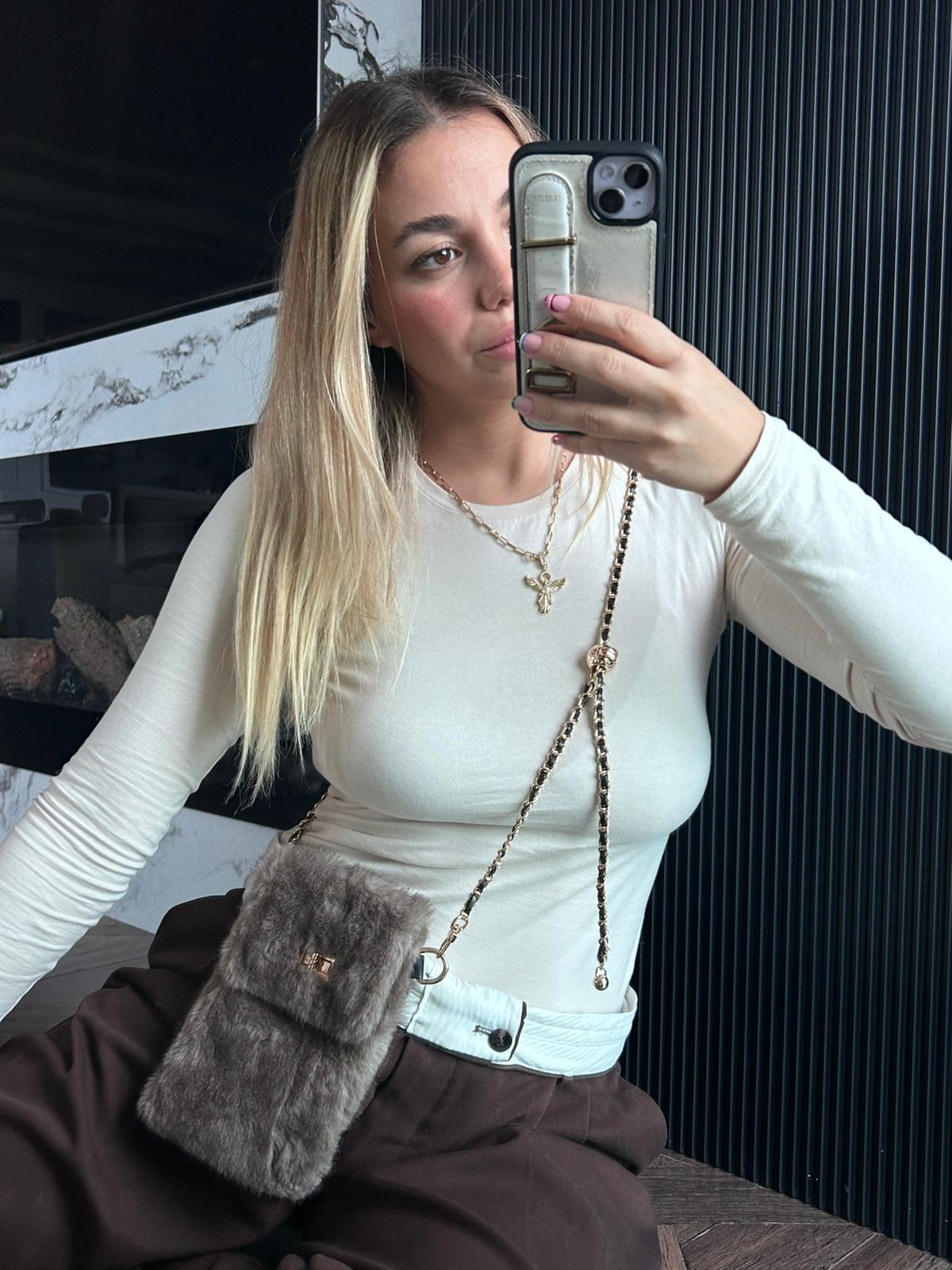 JF Gold Zincir Detaylı Askı Peluş Çanta - Vizon