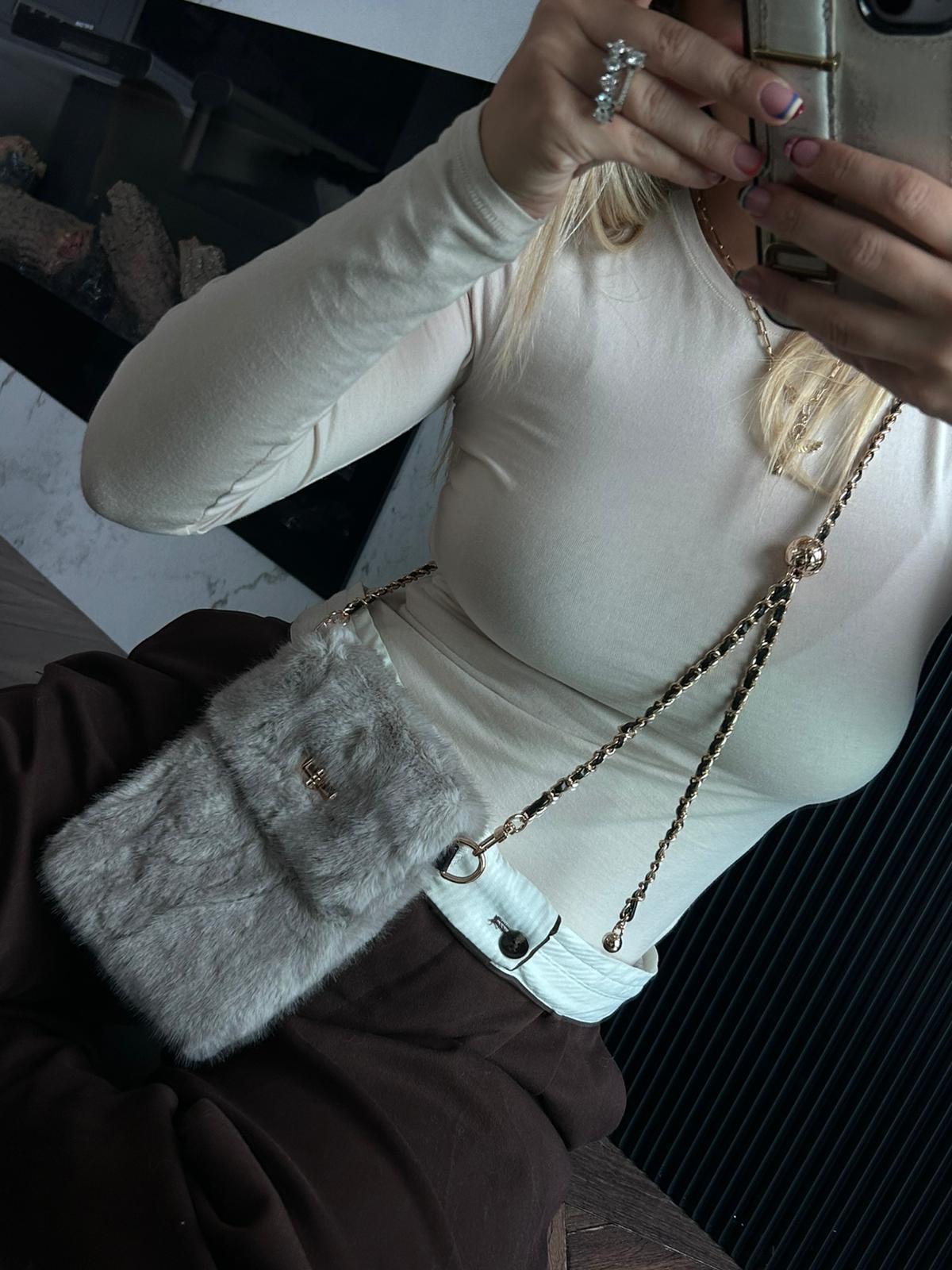 JF Gold Zincir Detaylı Askı Peluş Çanta - Gri