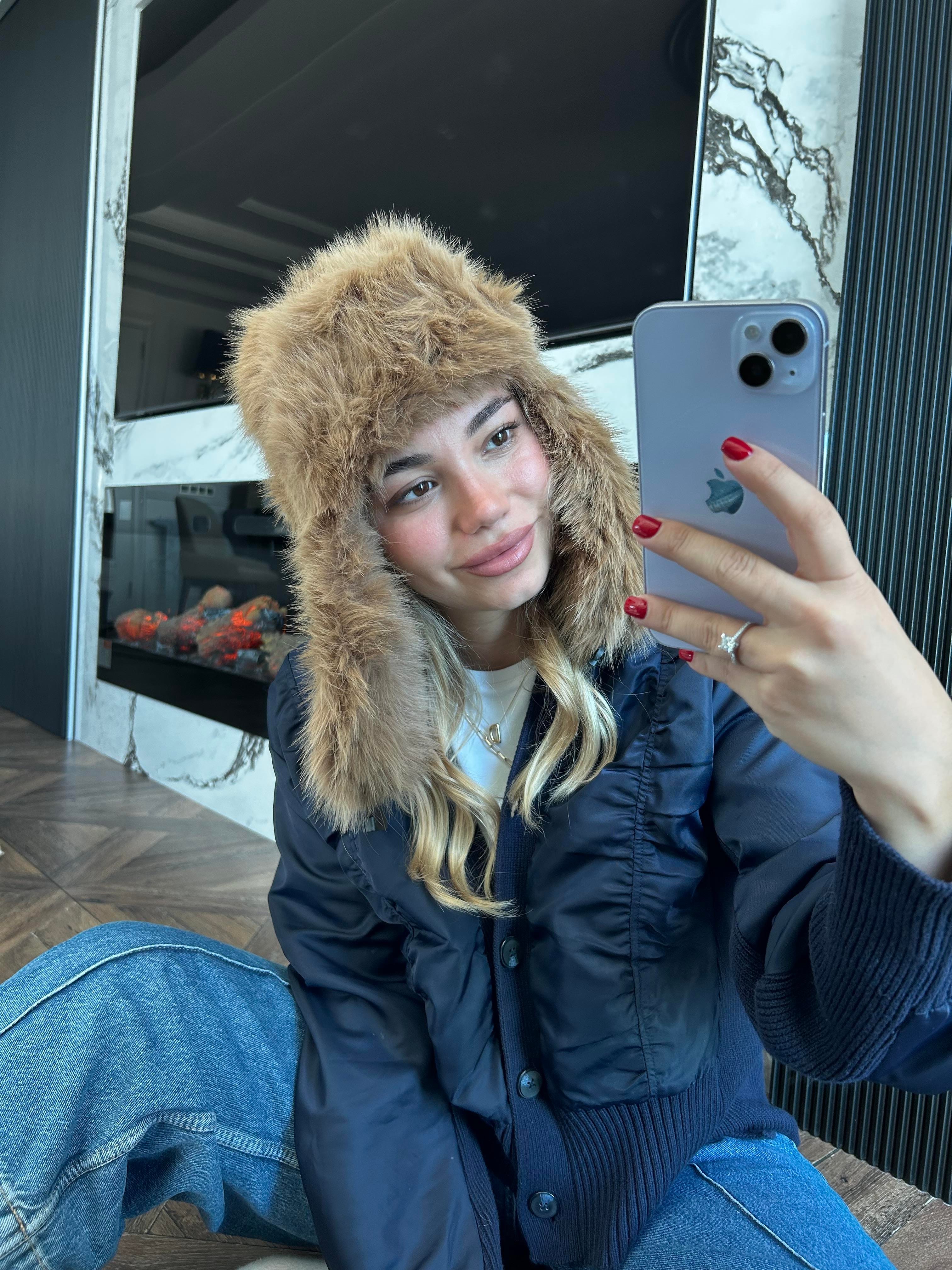 JF Klipsli Kürklü Pilot Şapka - Camel