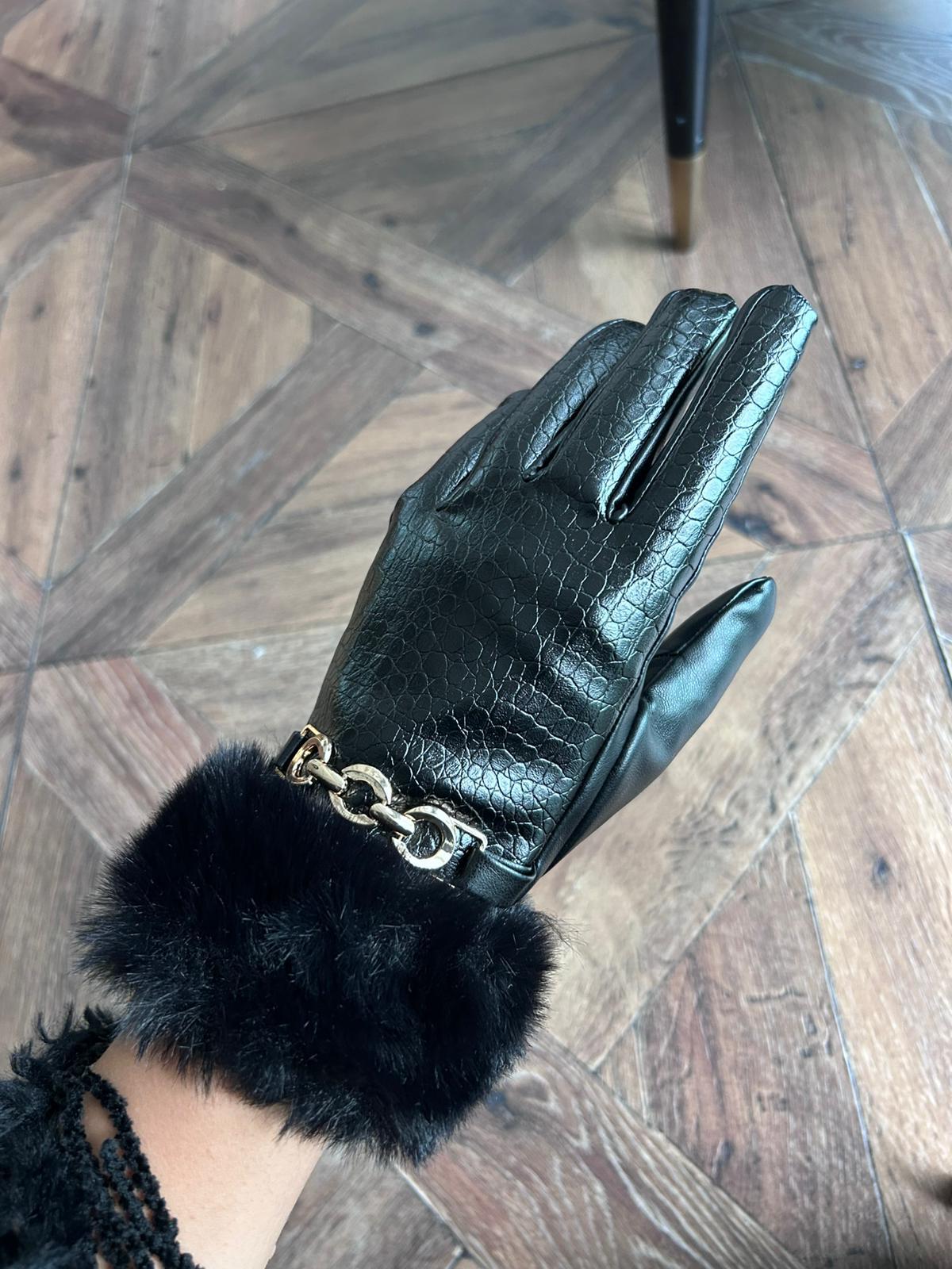 JF Zincir Detaylı Bileği Kürklü Deri Eldiven - Siyah