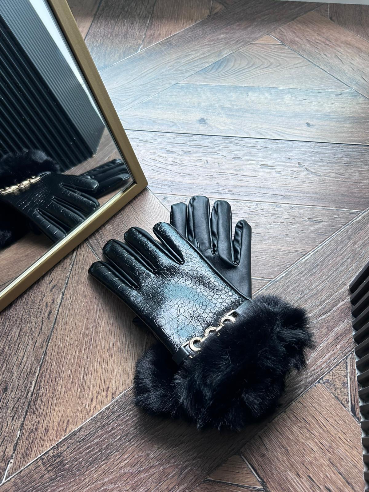 JF Zincir Detaylı Bileği Kürklü Deri Eldiven - Siyah