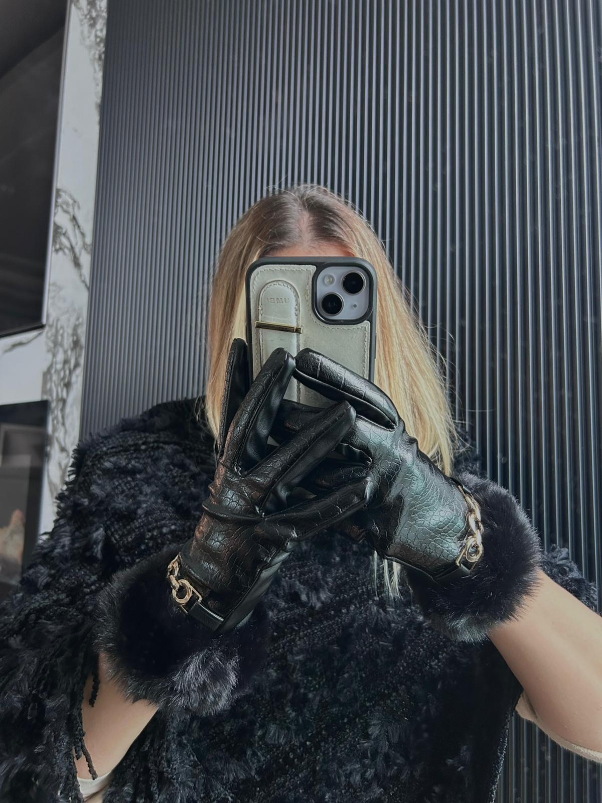 JF Zincir Detaylı Bileği Kürklü Deri Eldiven - Siyah