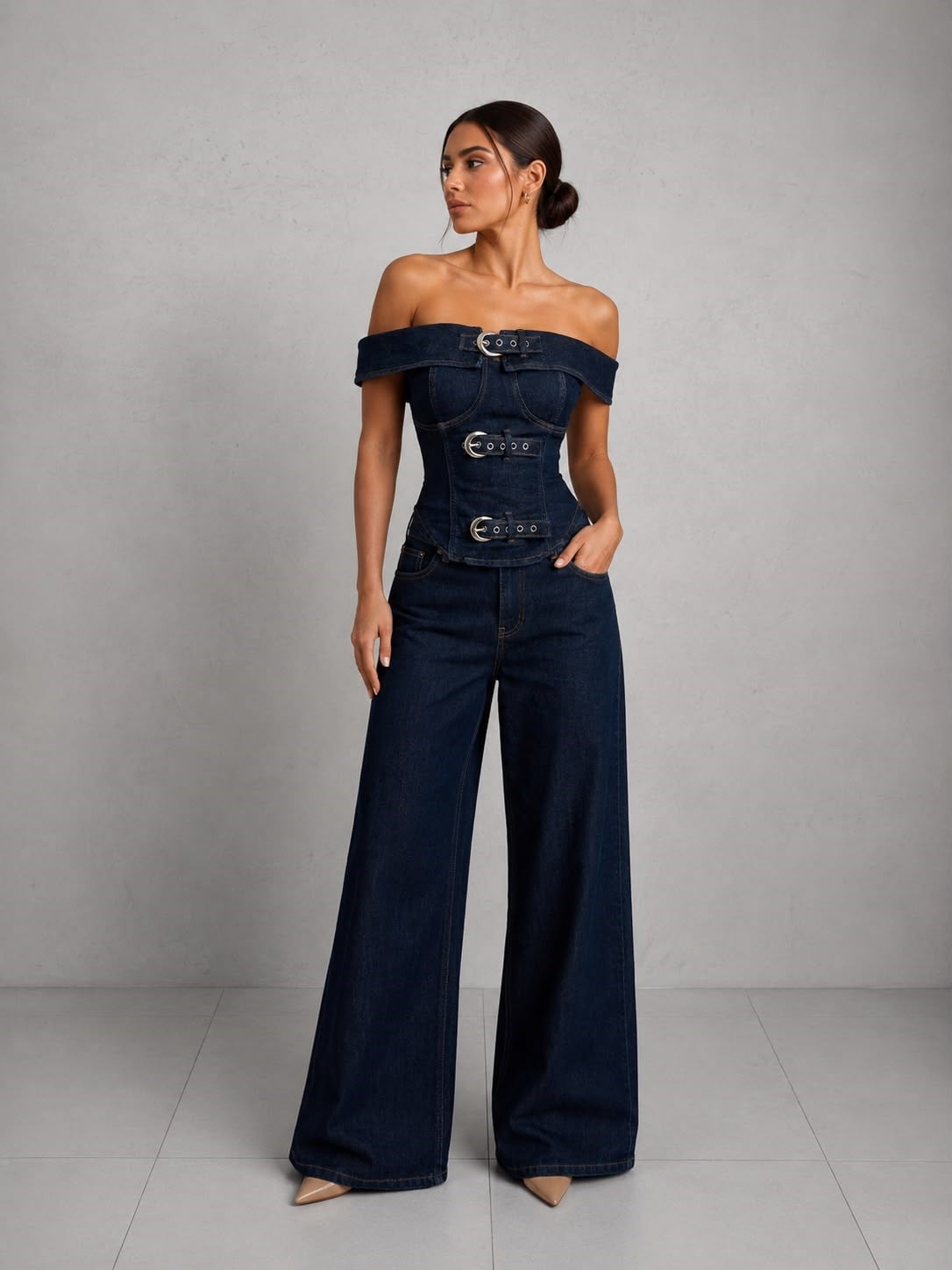 Kayık Yaka Denim Büstiyer - Lacivert