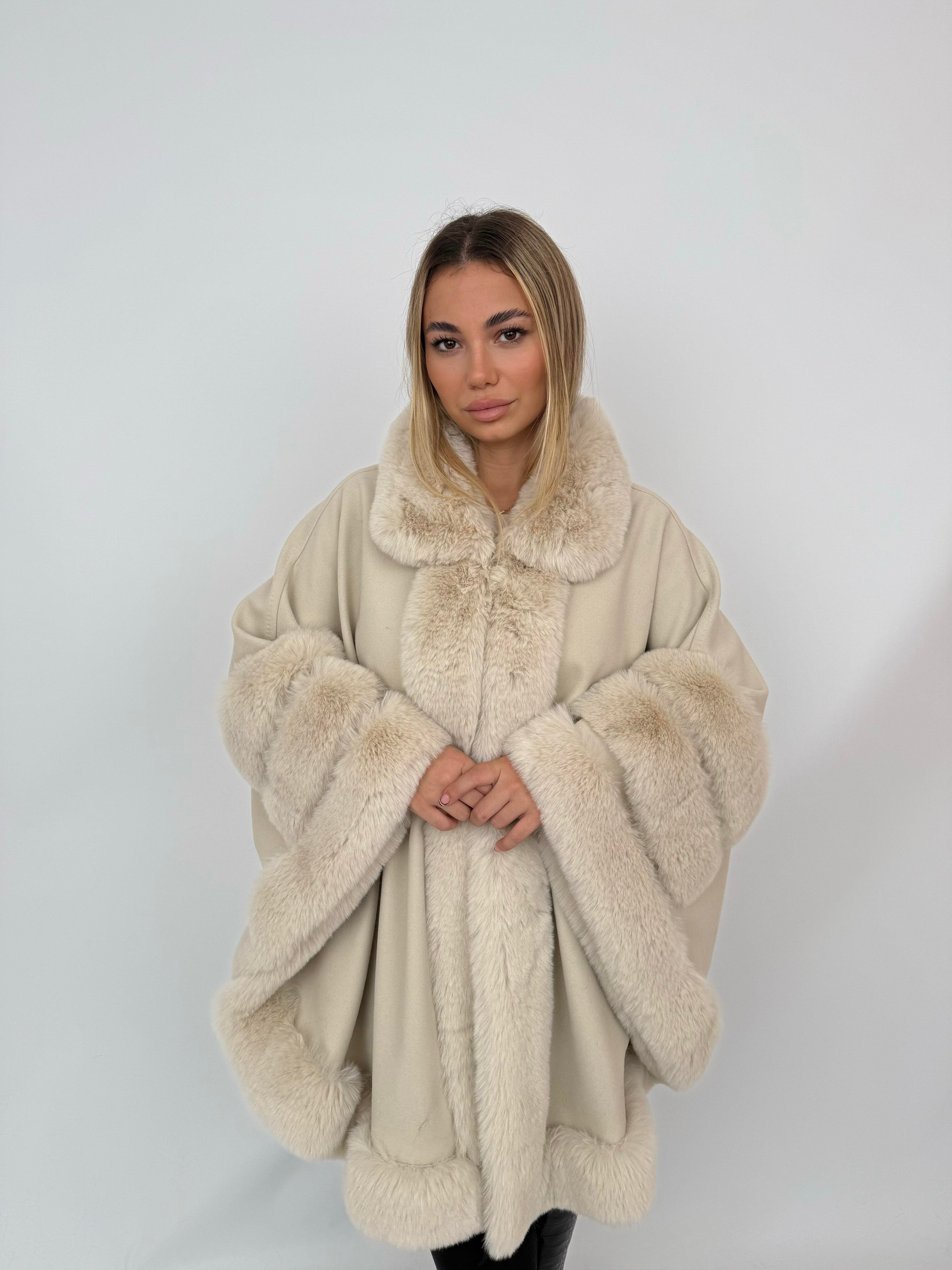 MARCELA Kürklü Kaşmir Panço - Bej