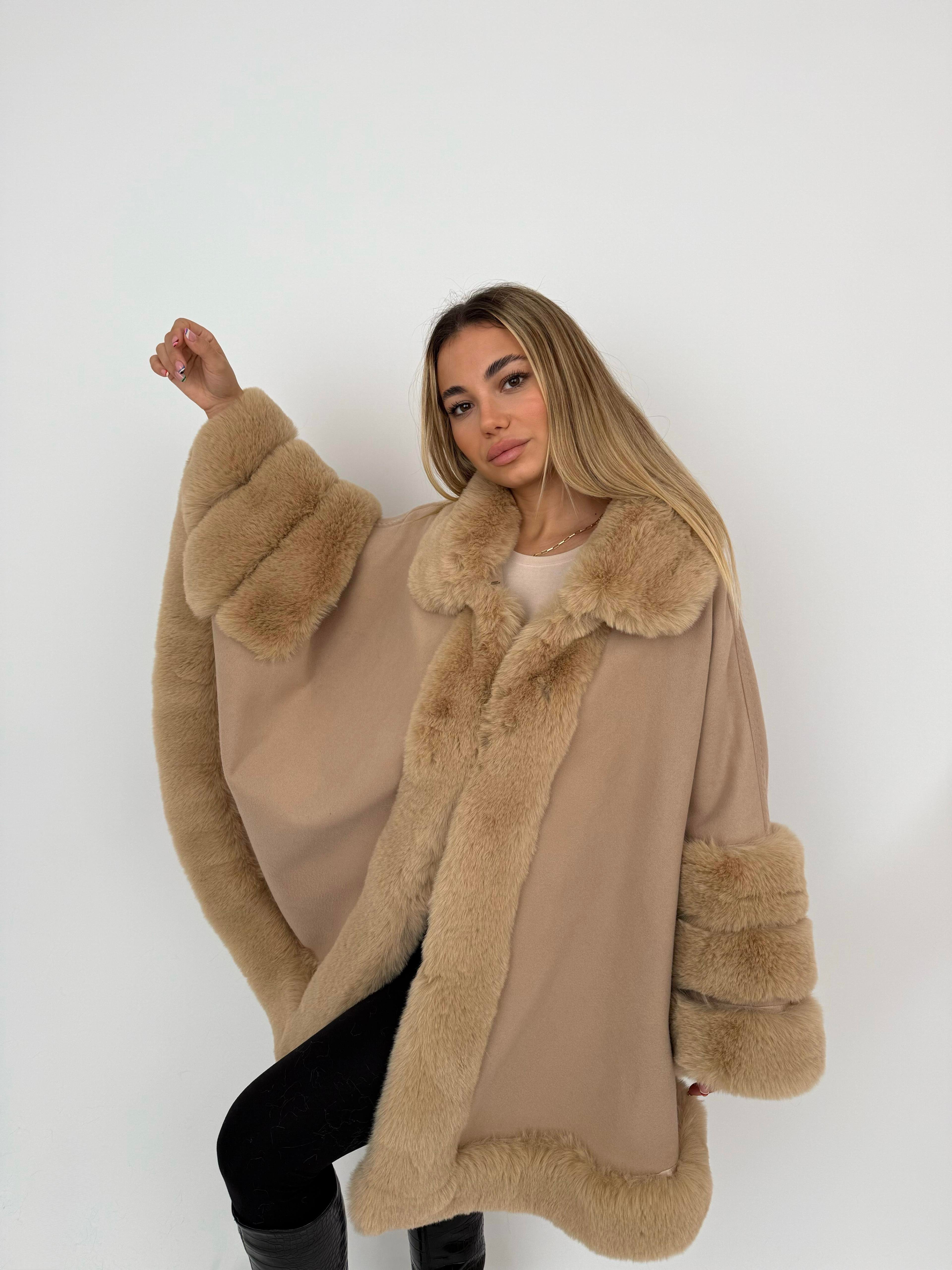 MARCELA Kürklü Kaşmir Panço - Camel