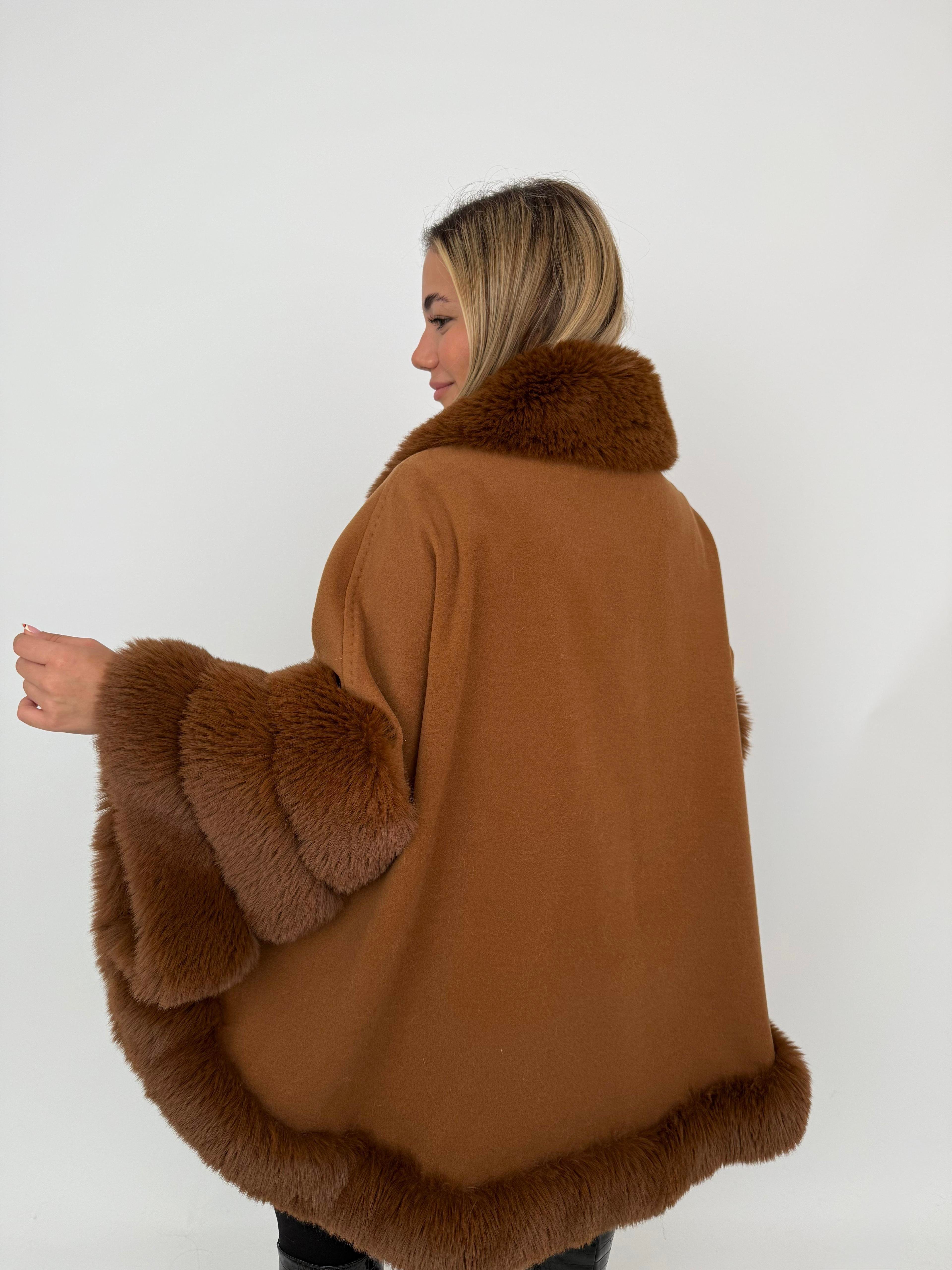 MARCELA Kürklü Kaşmir Panço - Kahverengi