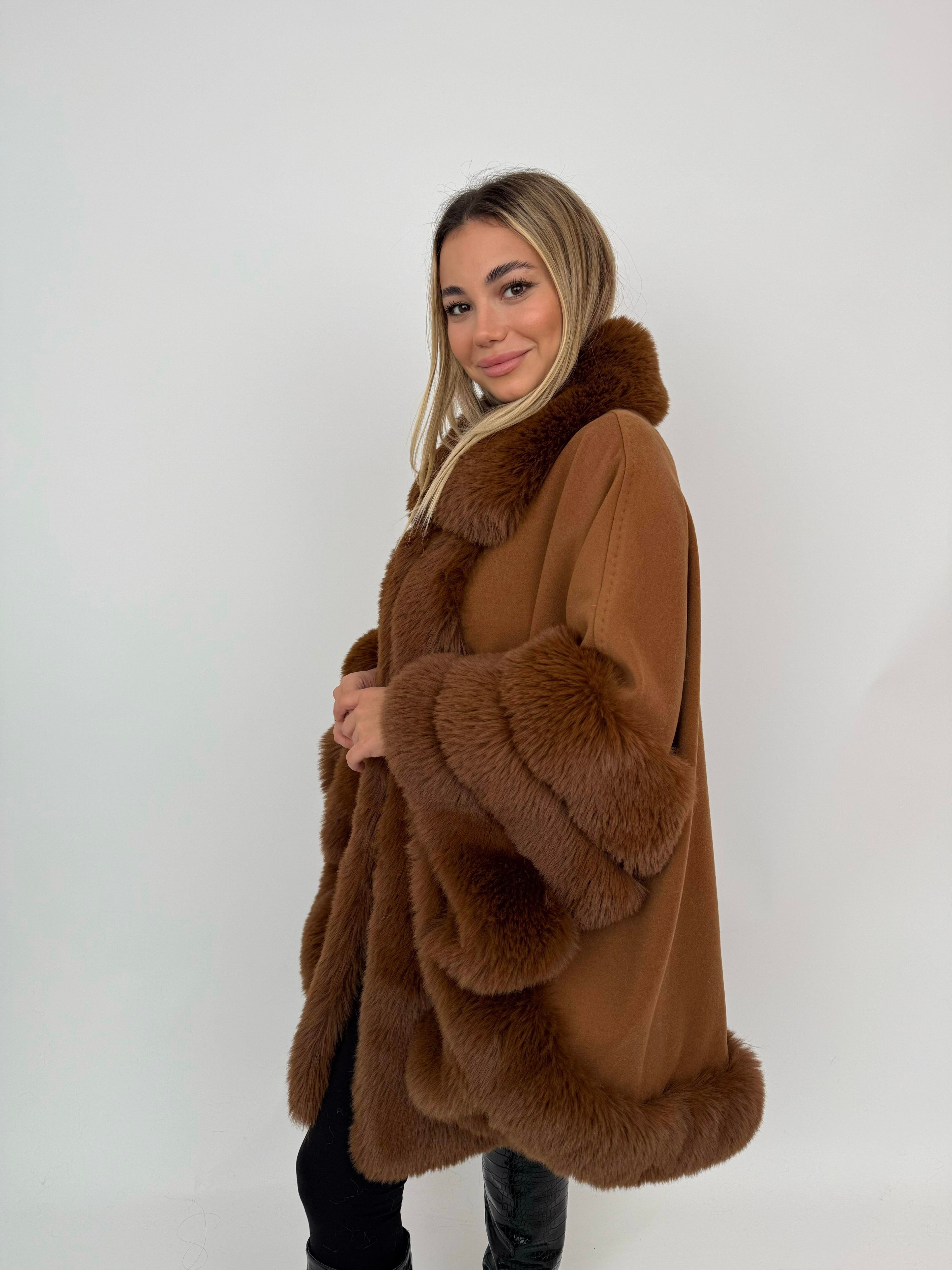 MARCELA Kürklü Kaşmir Panço - Kahverengi