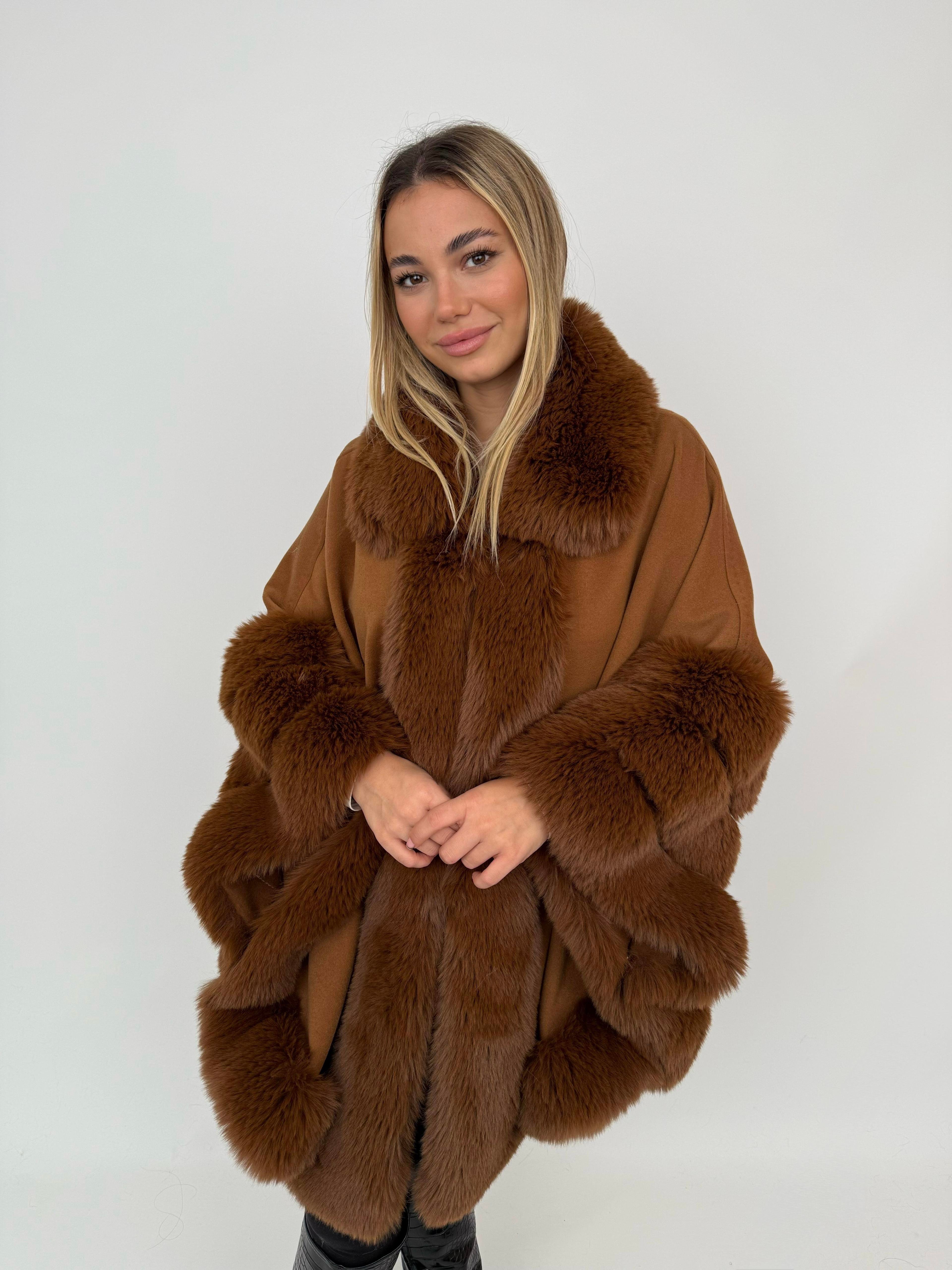 MARCELA Kürklü Kaşmir Panço - Kahverengi