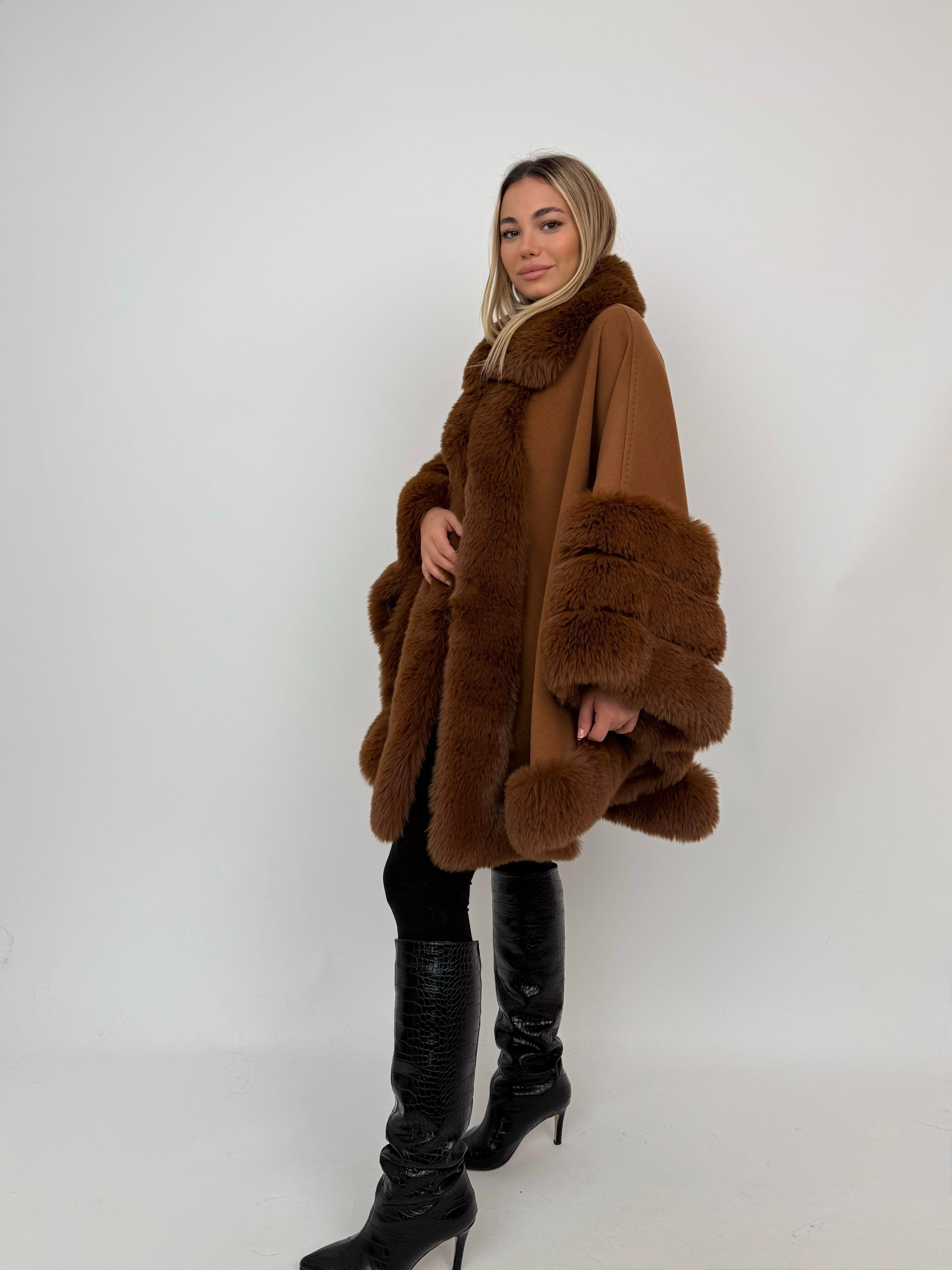 MARCELA Kürklü Kaşmir Panço - Kahverengi