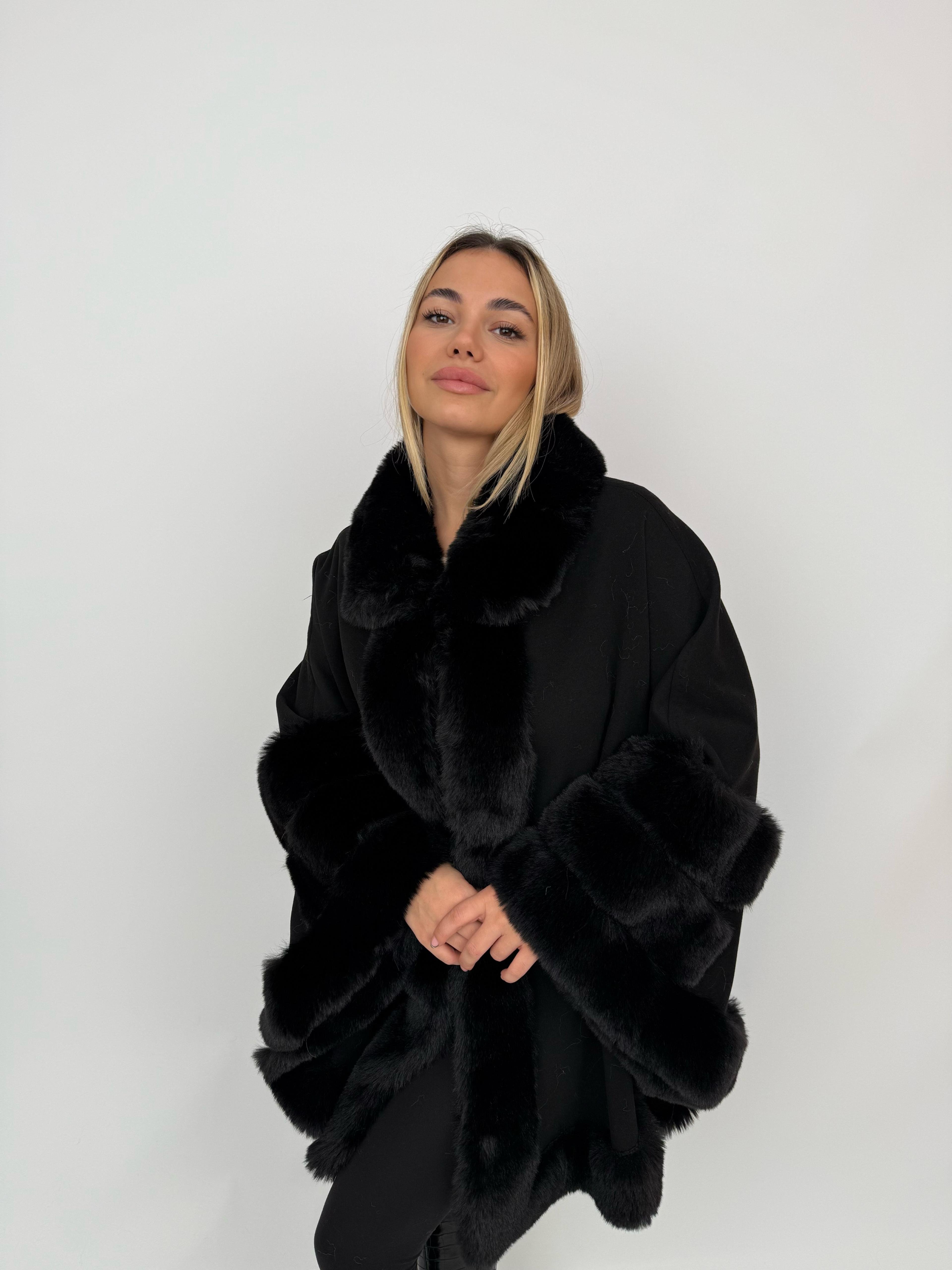 MARCELA Kürklü Kaşmir Panço - Siyah