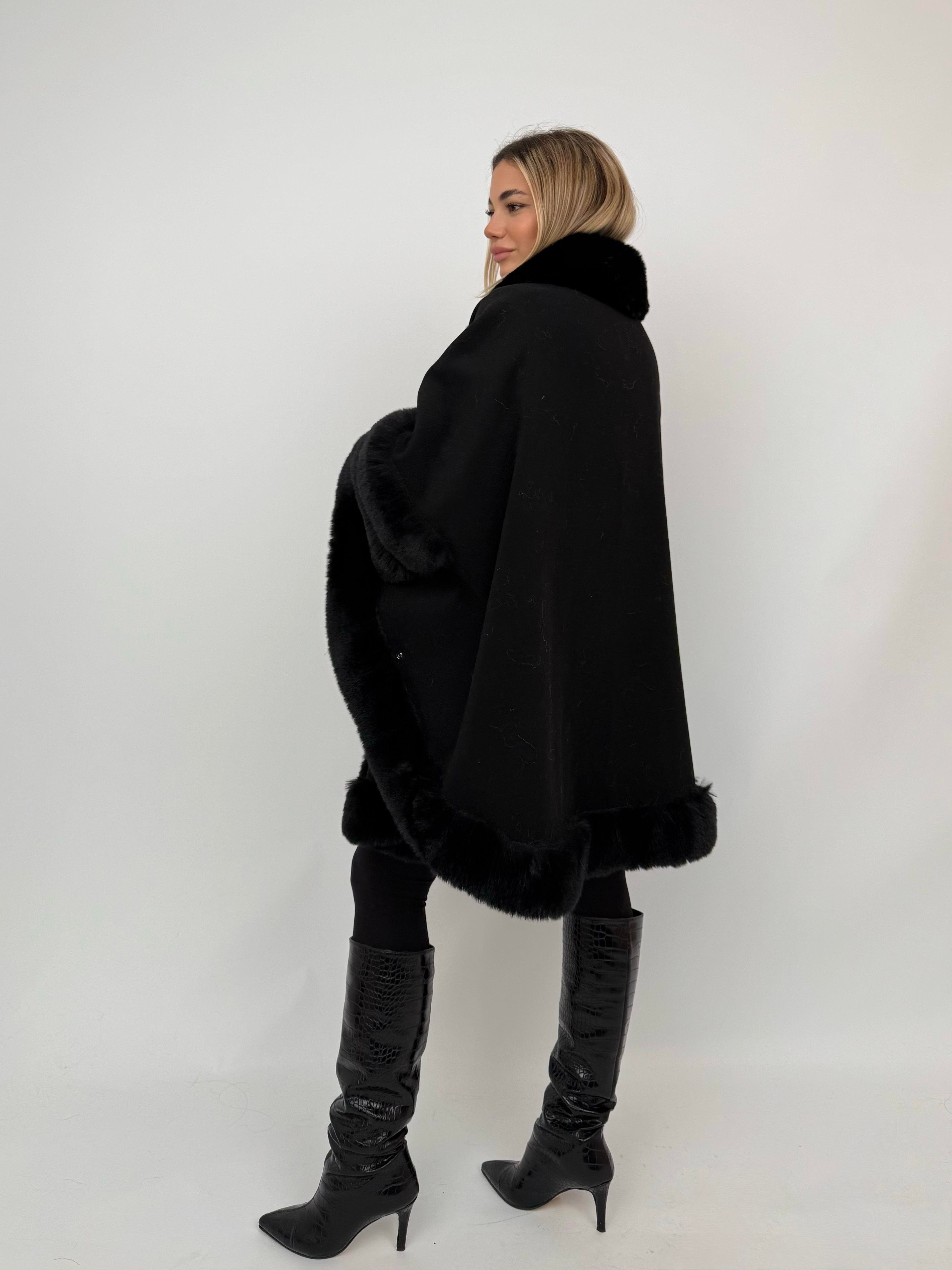 MARCELA Kürklü Kaşmir Panço - Siyah