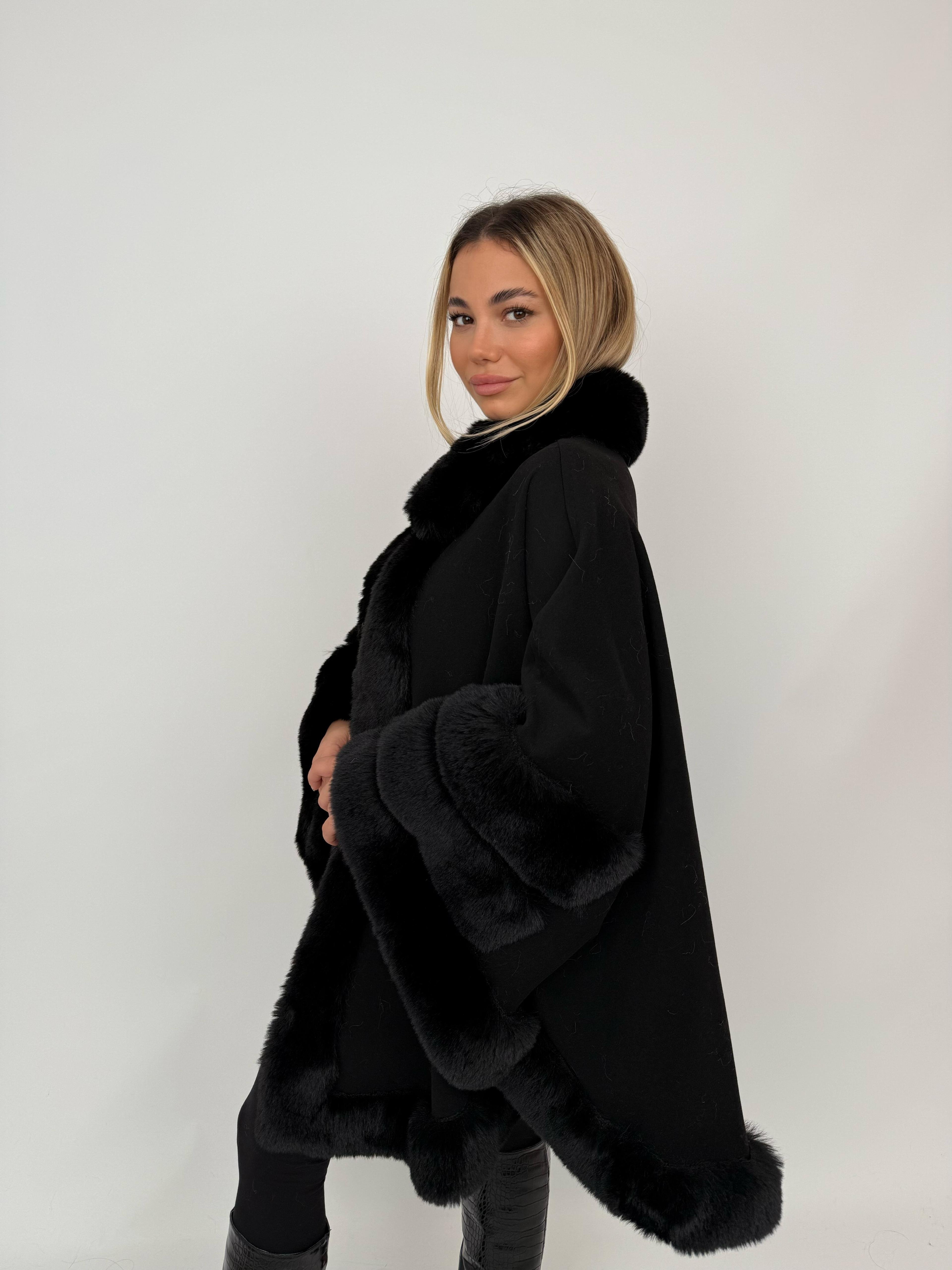 MARCELA Kürklü Kaşmir Panço - Siyah