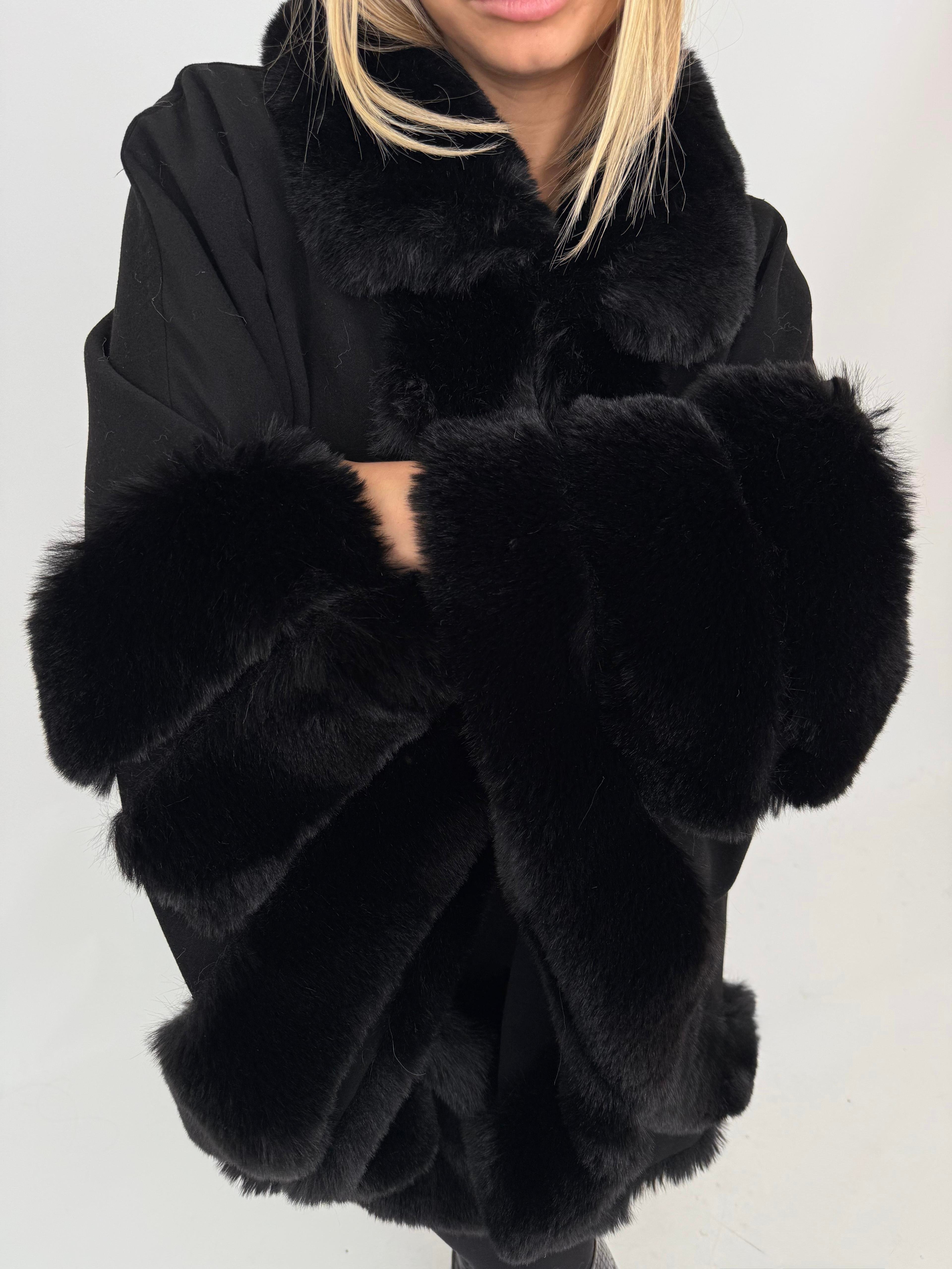 MARCELA Kürklü Kaşmir Panço - Siyah