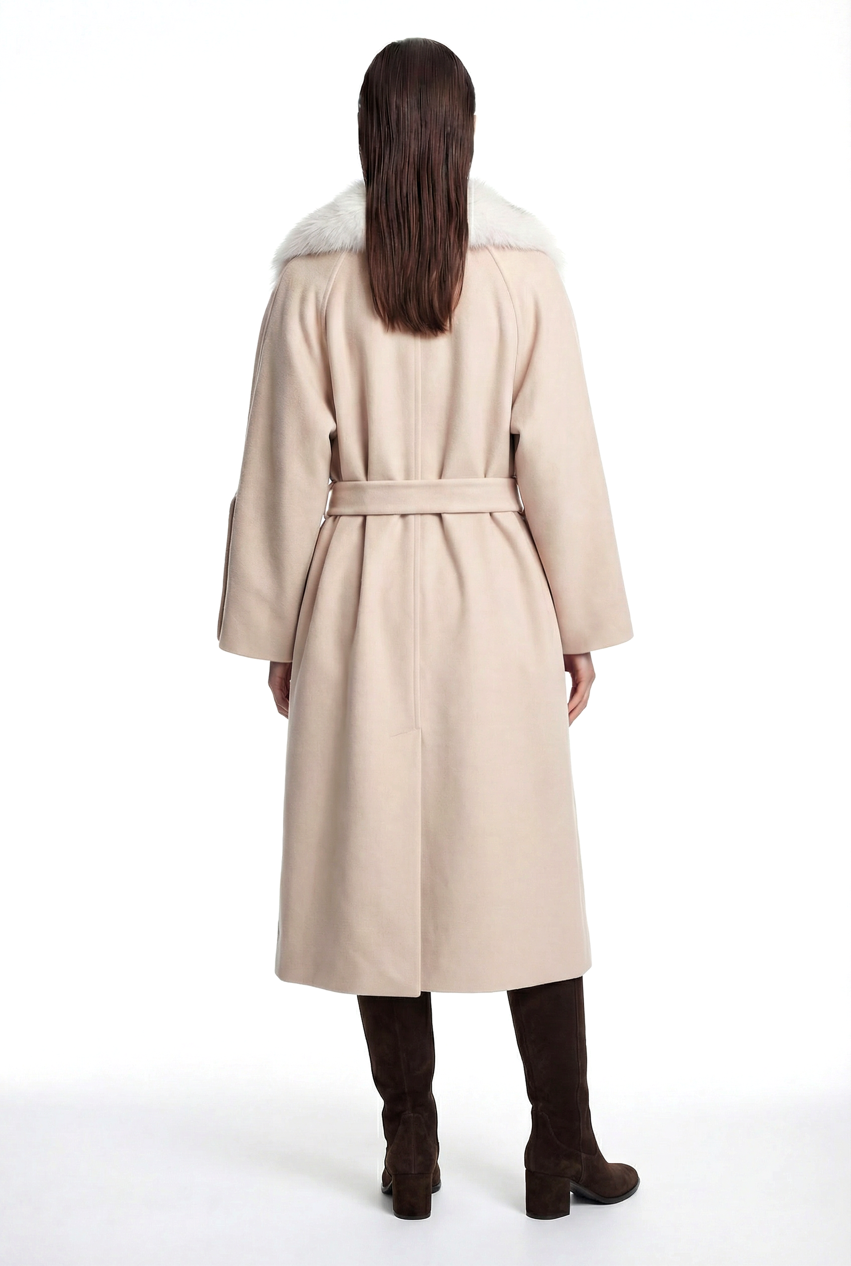 NANDO Yakası Kürklü Oversize Kaban - Bej