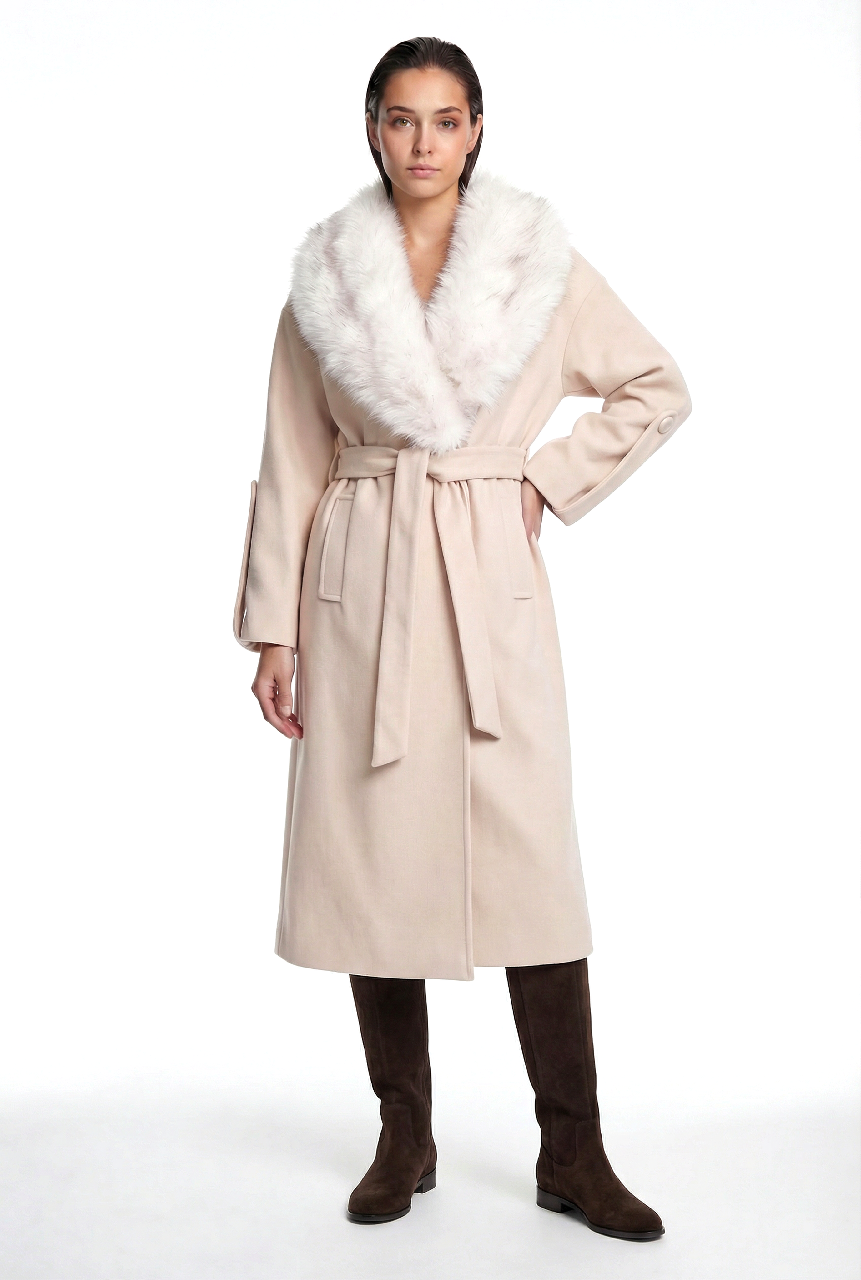 NANDO Yakası Kürklü Oversize Kaban - Bej