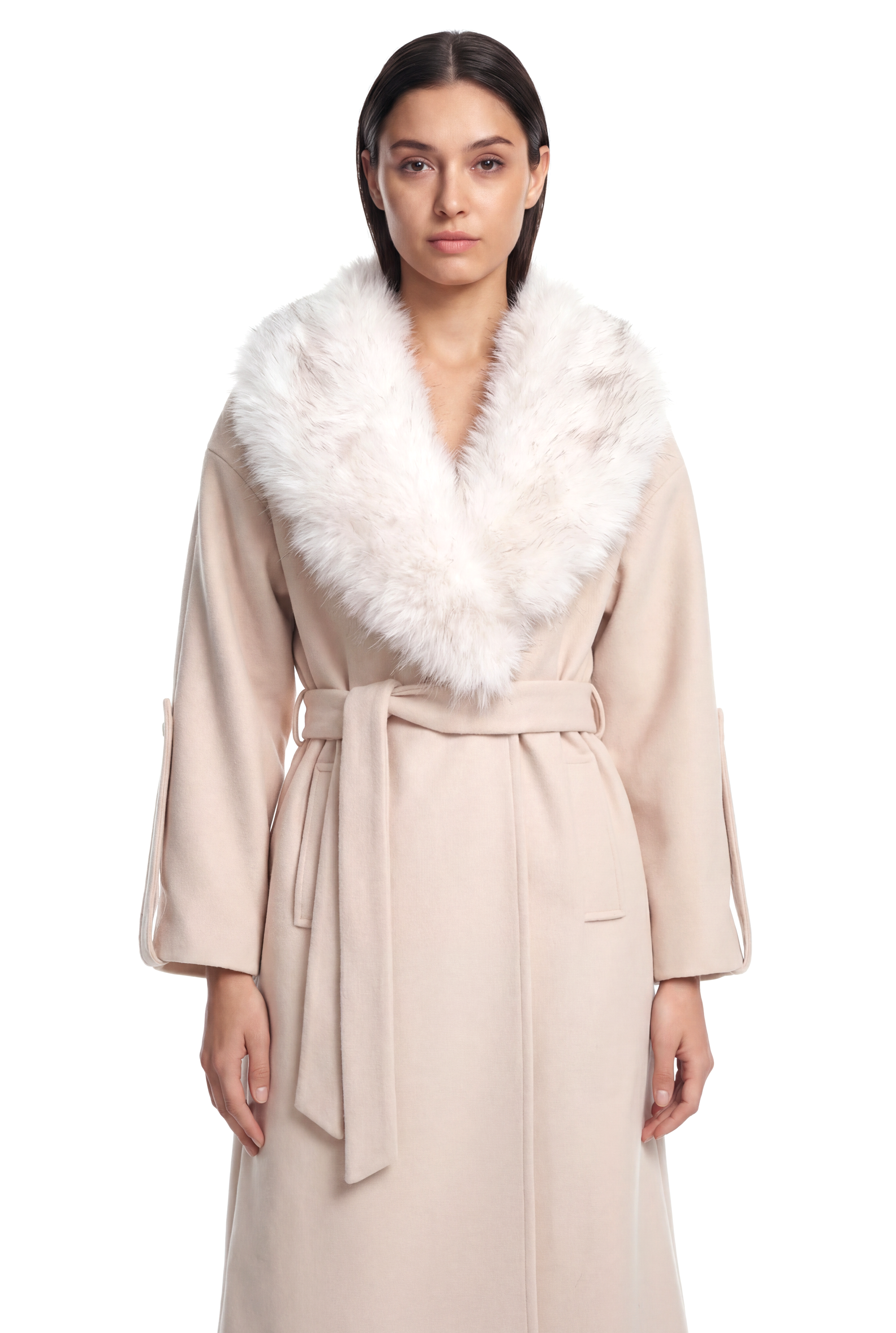 NANDO Yakası Kürklü Oversize Kaban - Bej