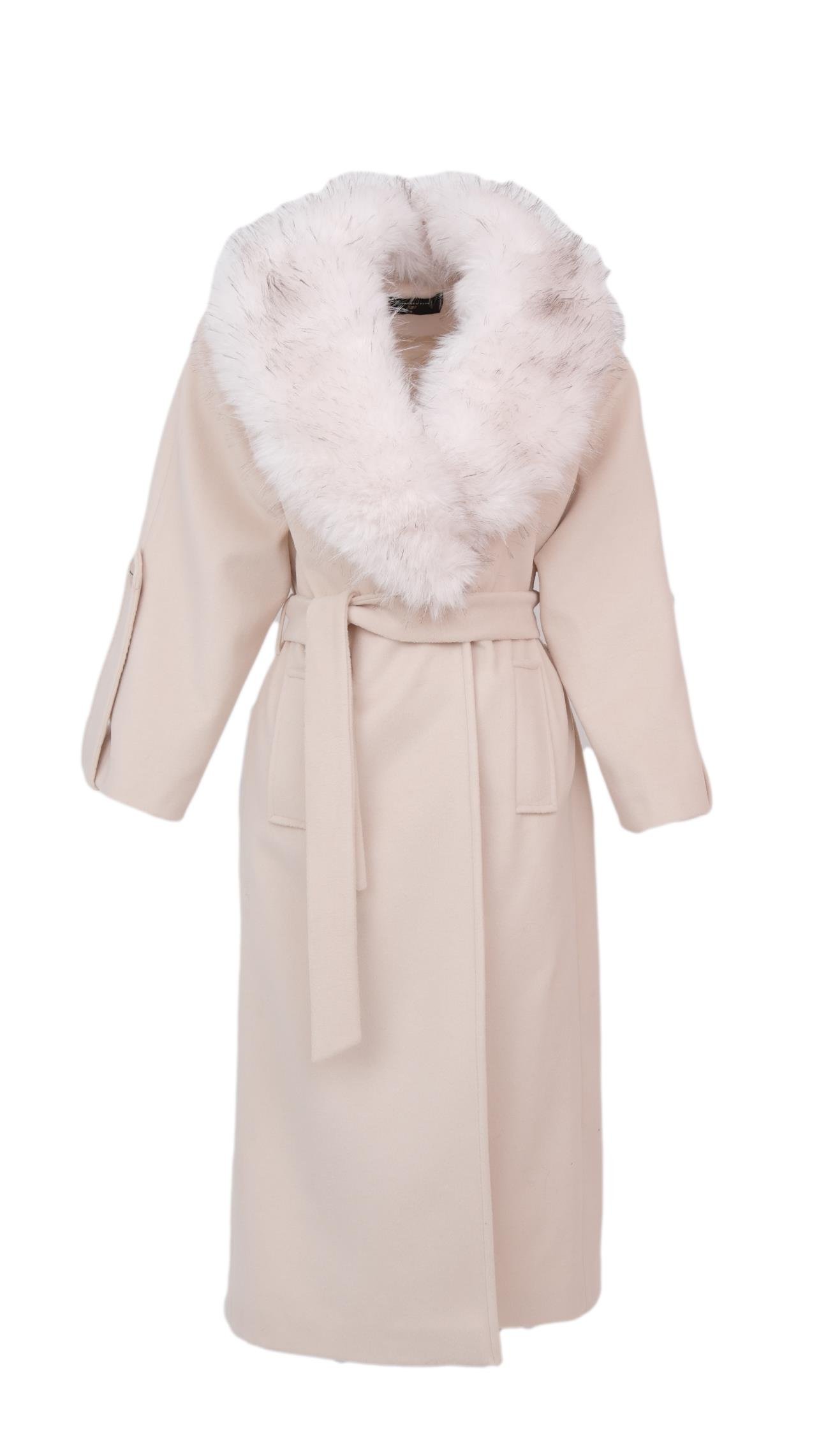 NANDO Yakası Kürklü Oversize Kaban - Bej